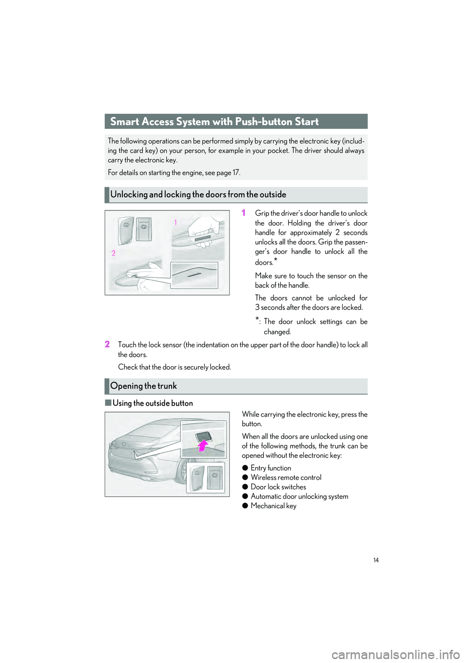 LEXUS ES350 2023  Owners Manual 14
ES350_ES250_QG_OM06255U_(U)
1Grip the driver’s door handle to unlock
the door. Holding the driver’s door
handle for approximately 2 seconds
unlocks all the doors. Grip the passen-
ger’s door 