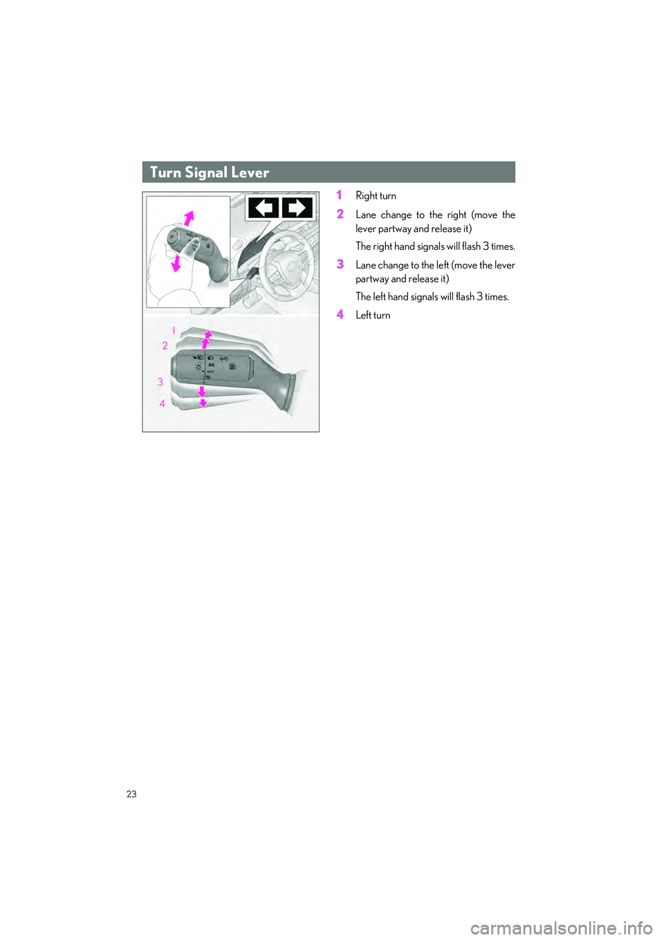 LEXUS ES350 2023 Owners Manual 23
ES350_ES250_QG_OM06255U_(U)
1Right turn
2Lane change to the right (move the
lever partway and release it)
The right hand signals will flash 3 times.
3Lane change to the left (move the lever
partway LEXUS ES350 2023 Owners Manual 23
ES350_ES250_QG_OM06255U_(U)
1Right turn
2Lane change to the right (move the
lever partway and release it)
The right hand signals will flash 3 times.
3Lane change to the left (move the lever
partway