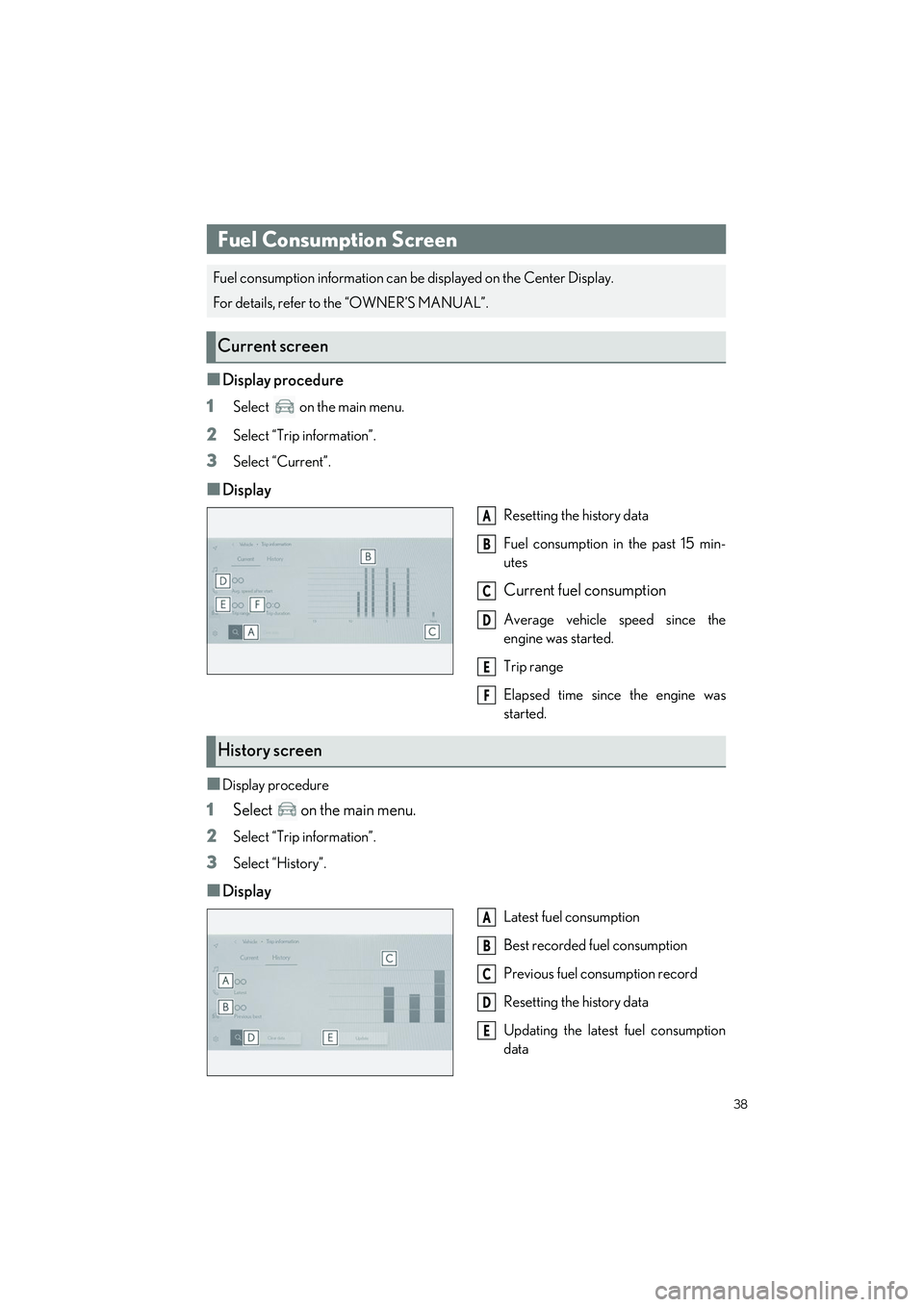 LEXUS ES350 2023 Owners Guide 38
ES350_ES250_QG_OM06255U_(U)
�QDisplay procedure
1
Select   on the main menu.
2Select “Trip information”.
3Select “Current”.
�QDisplay
Resetting the history data
Fuel consumption in the past