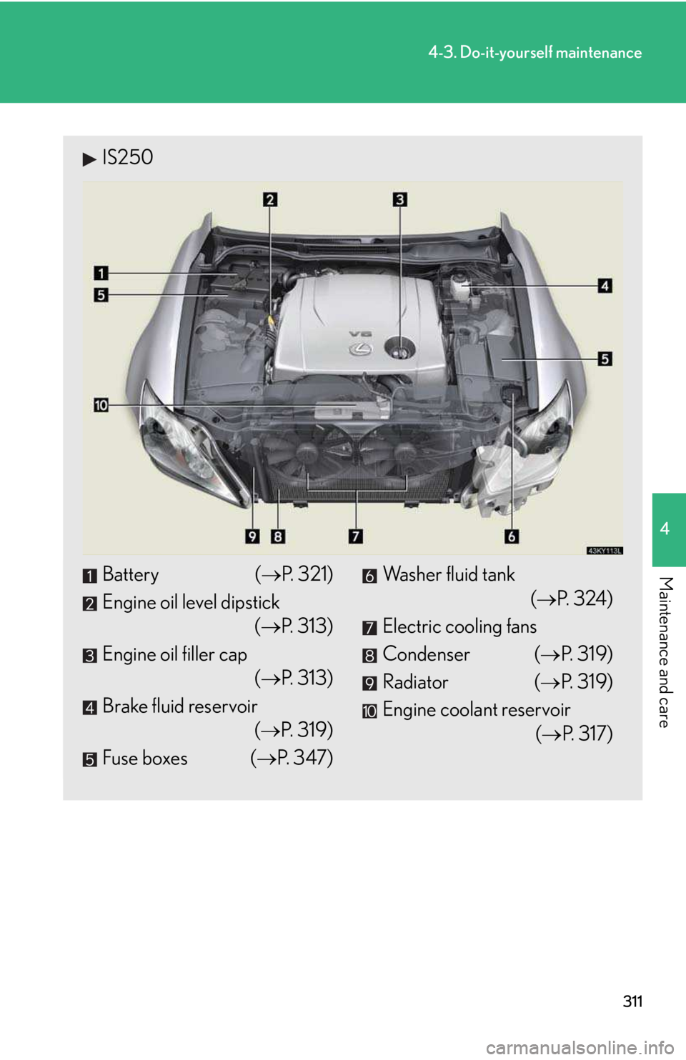 LEXUS IS250 2016  Owners Manual 311
4-3. Do-it-yourself maintenance
4

Maintenance and care
IS250
Battery (�→P. 321)
Engine oil level dipstick
(�→P. 313)
Engine oil filler cap
(�→P. 313)
Brake fluid reservoir
(�→P. 319)
Fuse