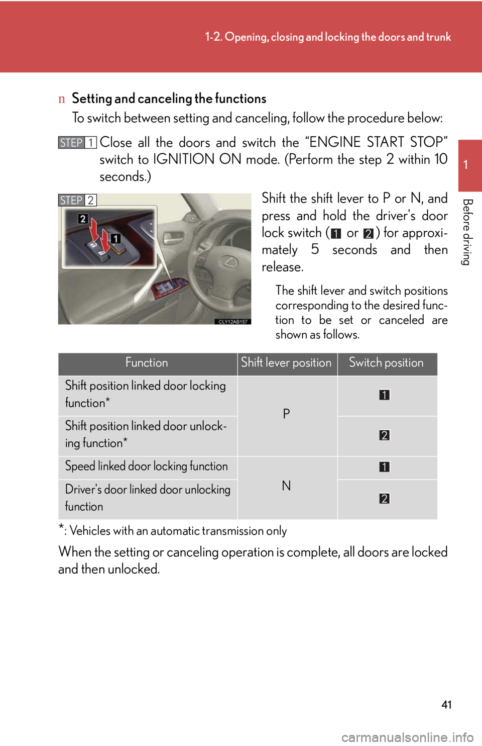 LEXUS IS250 2016 Owners Guide 41
1-2. Opening, closing and locking the doors and trunk
1

Before driving
nSetting and canceling the functions
To switch between setting and canceling, follow the procedure below:
Close all the doors