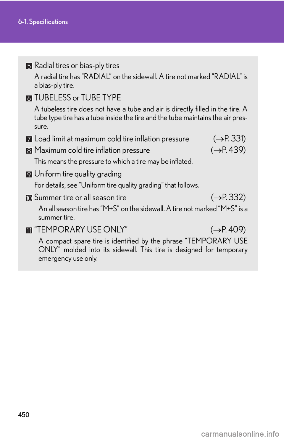 LEXUS IS250 2016  Owners Manual 450
6-1. Specifications
Radial tires or bias-ply tires
A radial tire has “RADIAL” on the sidewall. A tire not marked “RADIAL” is
a bias-ply tire.
TUBELESS or TUBE TYPE
A tubeless tire does not