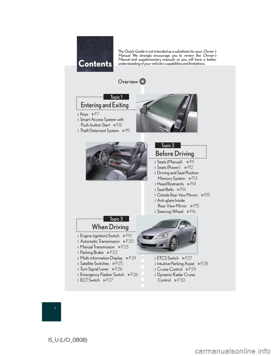 LEXUS IS250 2016 Owners Manual 1
IS_U (L/O_0808)
When Driving Topic 3Entering and Exiting Topic 1
Before Driving Topic 2OverviewContents
lEngine (ignition) SwitchP.1 9
lAutomatic TransmissionP. 2 0
lManual TransmissionP. 2 3
lParki LEXUS IS250 2016 Owners Manual 1
IS_U (L/O_0808)
When Driving Topic 3Entering and Exiting Topic 1
Before Driving Topic 2OverviewContents
lEngine (ignition) SwitchP.1 9
lAutomatic TransmissionP. 2 0
lManual TransmissionP. 2 3
lParki