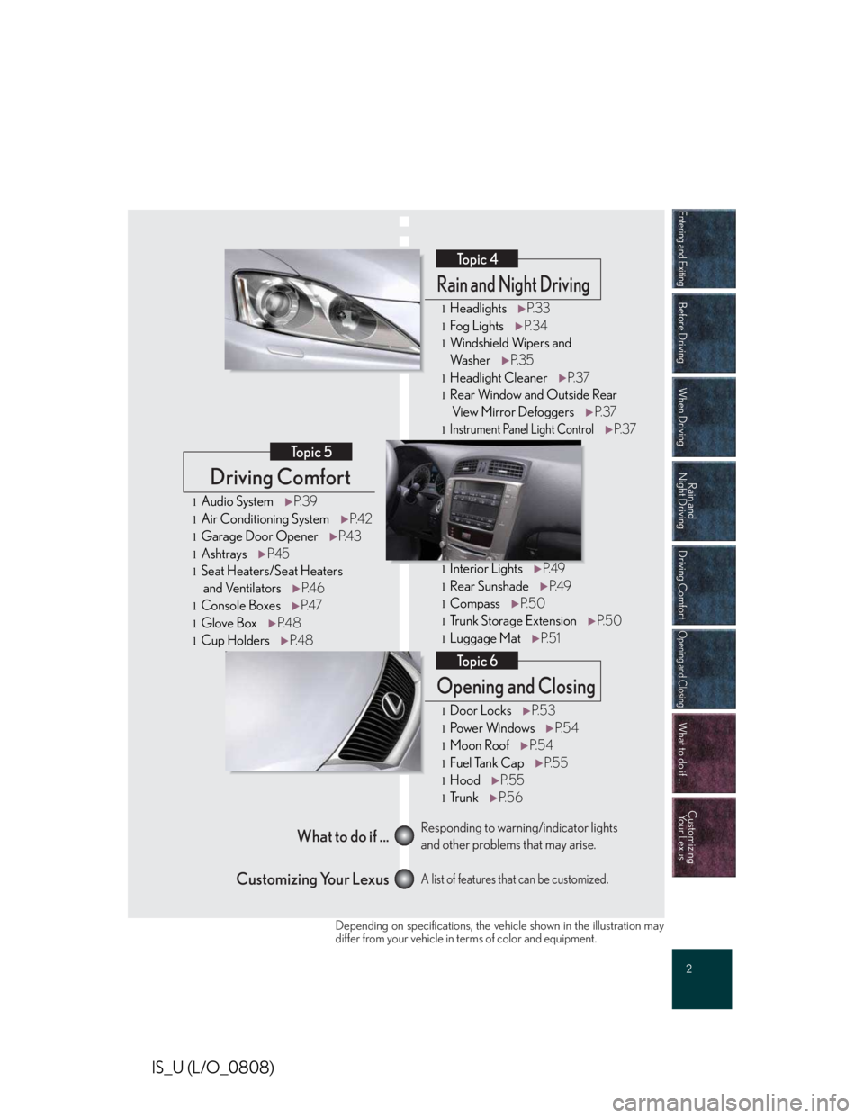 LEXUS IS250 2016 Owners Manual
Entering and Exiting
Before Driving
When Driving
Rain and
Night Driving
Driving Comfort
Opening and Closing
What to do if ...
Customizing
Yo u r L e x u s
2
IS_U (L/O_0808)
Driving Comfort Topic 5 LEXUS IS250 2016 Owners Manual
Entering and Exiting
Before Driving
When Driving
Rain and
Night Driving
Driving Comfort
Opening and Closing
What to do if ...
Customizing
Yo u r L e x u s
2
IS_U (L/O_0808)
Driving Comfort Topic 5