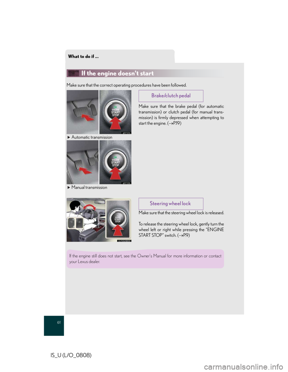 LEXUS IS250 2016 Owners Manual What to do if ...
61
IS_U (L/O_0808)
If the engine doesnt start
Make sure that the correct operating procedures have been followed.
Make sure that the brake pedal (for automatic
transmission) or clut LEXUS IS250 2016 Owners Manual What to do if ...
61
IS_U (L/O_0808)
If the engine doesnt start
Make sure that the correct operating procedures have been followed.
Make sure that the brake pedal (for automatic
transmission) or clut