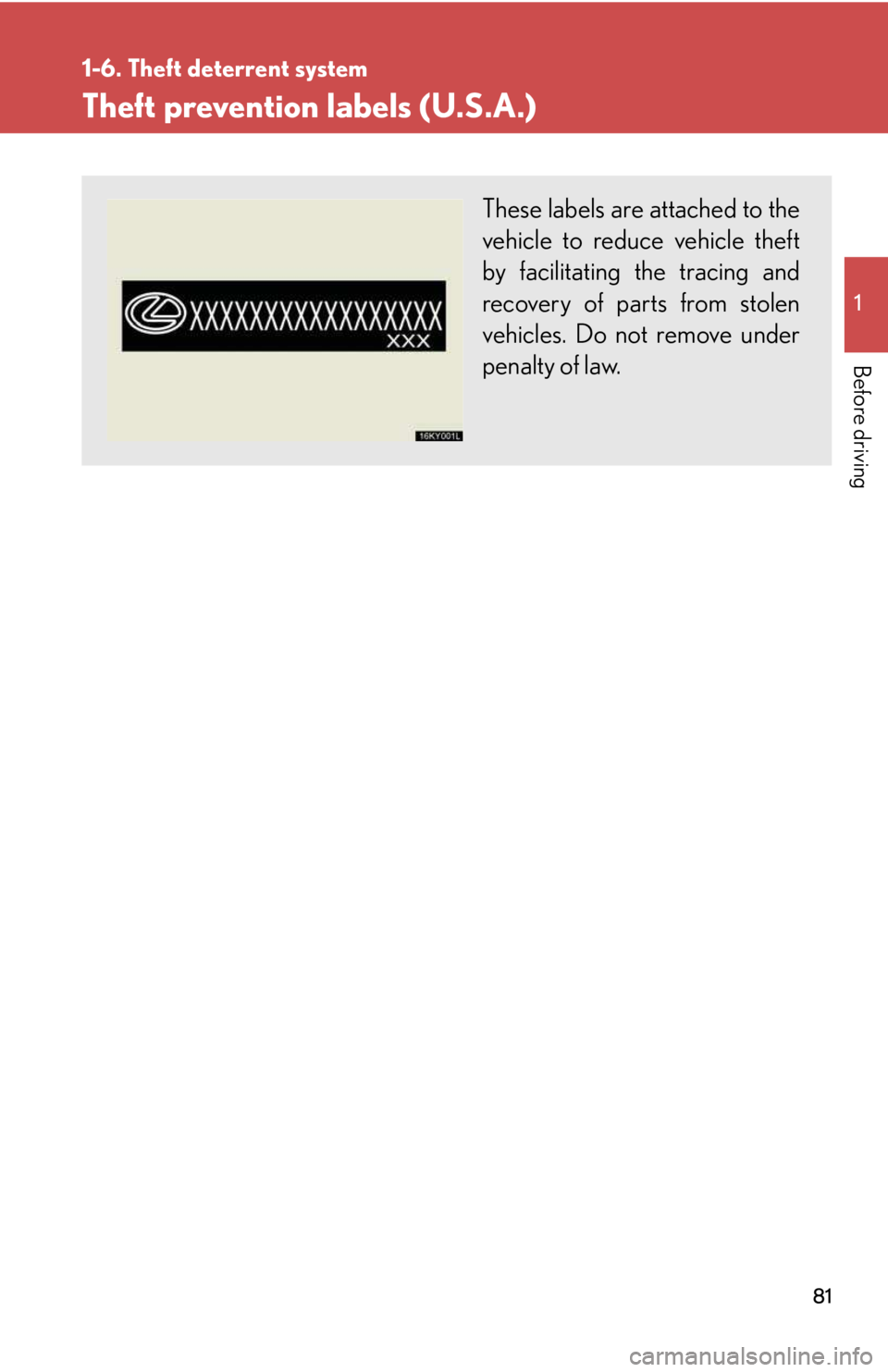 LEXUS IS250 2016 Manual Online 81
1
1-6. Theft deterrent system

Before driving
Theft prevention labels (U.S.A.)
These labels are attached to the
vehicle to reduce vehicle theft
by facilitating the tracing and
recovery of parts fro