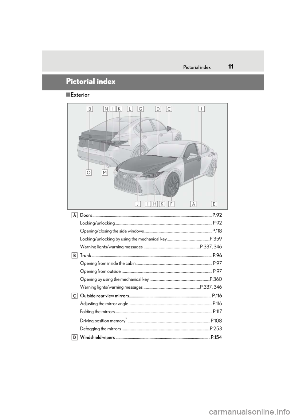 LEXUS IS300 2021  Owners Manual 11Pictorial index
Pictorial index
■Exterior
Doors .......................................................................................................................... ..P.92
Locking/unlocking 