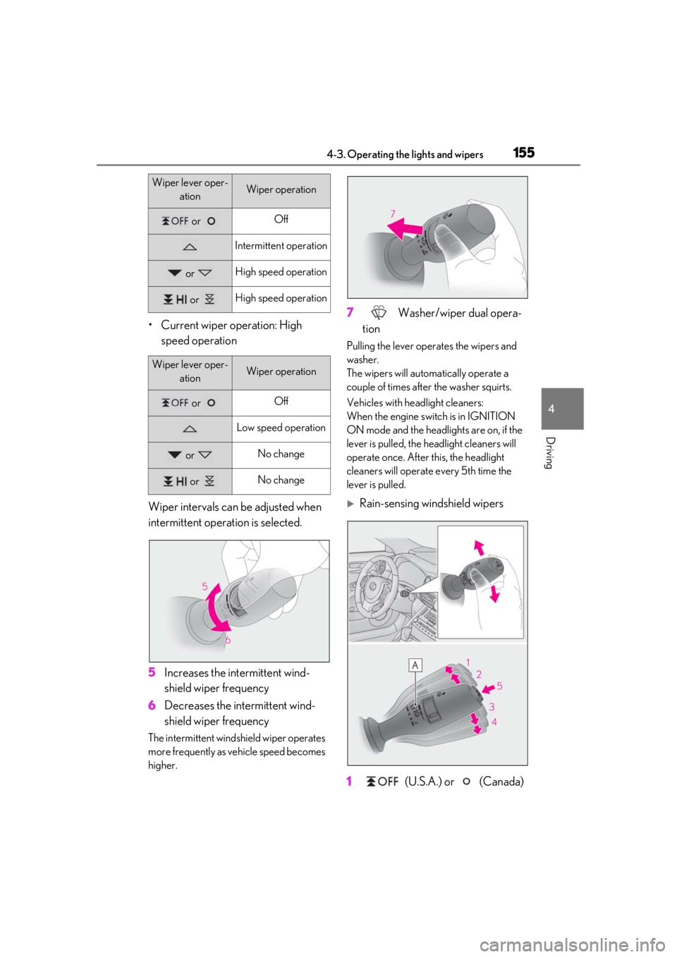 LEXUS IS300 2021 Owners Manual 1554-3. Operating the lights and wipers
4
Driving
• Current wiper operation: High speed operation
Wiper intervals can be adjusted when
intermittent operation is selected.
5 Increases the intermitte LEXUS IS300 2021 Owners Manual 1554-3. Operating the lights and wipers
4
Driving
• Current wiper operation: High speed operation
Wiper intervals can be adjusted when
intermittent operation is selected.
5 Increases the intermitte