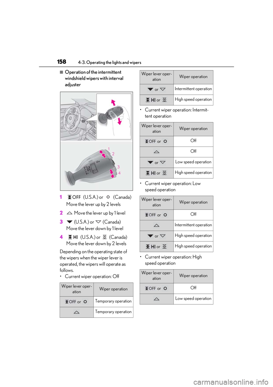 LEXUS IS300 2021 Owners Manual 1584-3. Operating the lights and wipers
■Operation of the intermittent
windshield wipers with interval
adjuster
1 (U.S.A.) or (Canada)
Move the lever up by 2 levels
2 Move the lever up by 1 le LEXUS IS300 2021 Owners Manual 1584-3. Operating the lights and wipers
■Operation of the intermittent
windshield wipers with interval
adjuster
1 (U.S.A.) or (Canada)
Move the lever up by 2 levels
2 Move the lever up by 1 le