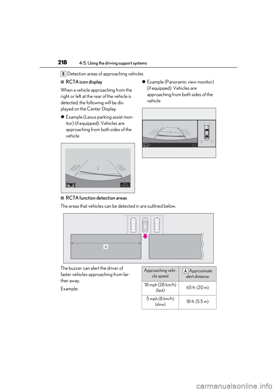 LEXUS IS300 2021 Owners Manual 2184-5. Using the driving support systems
Detection areas of approaching vehicles
■RCTA icon display
When a vehicle approaching from the
right or left at the rear of the vehicle is
detected, the f LEXUS IS300 2021 Owners Manual 2184-5. Using the driving support systems
Detection areas of approaching vehicles
■RCTA icon display
When a vehicle approaching from the
right or left at the rear of the vehicle is
detected, the f
