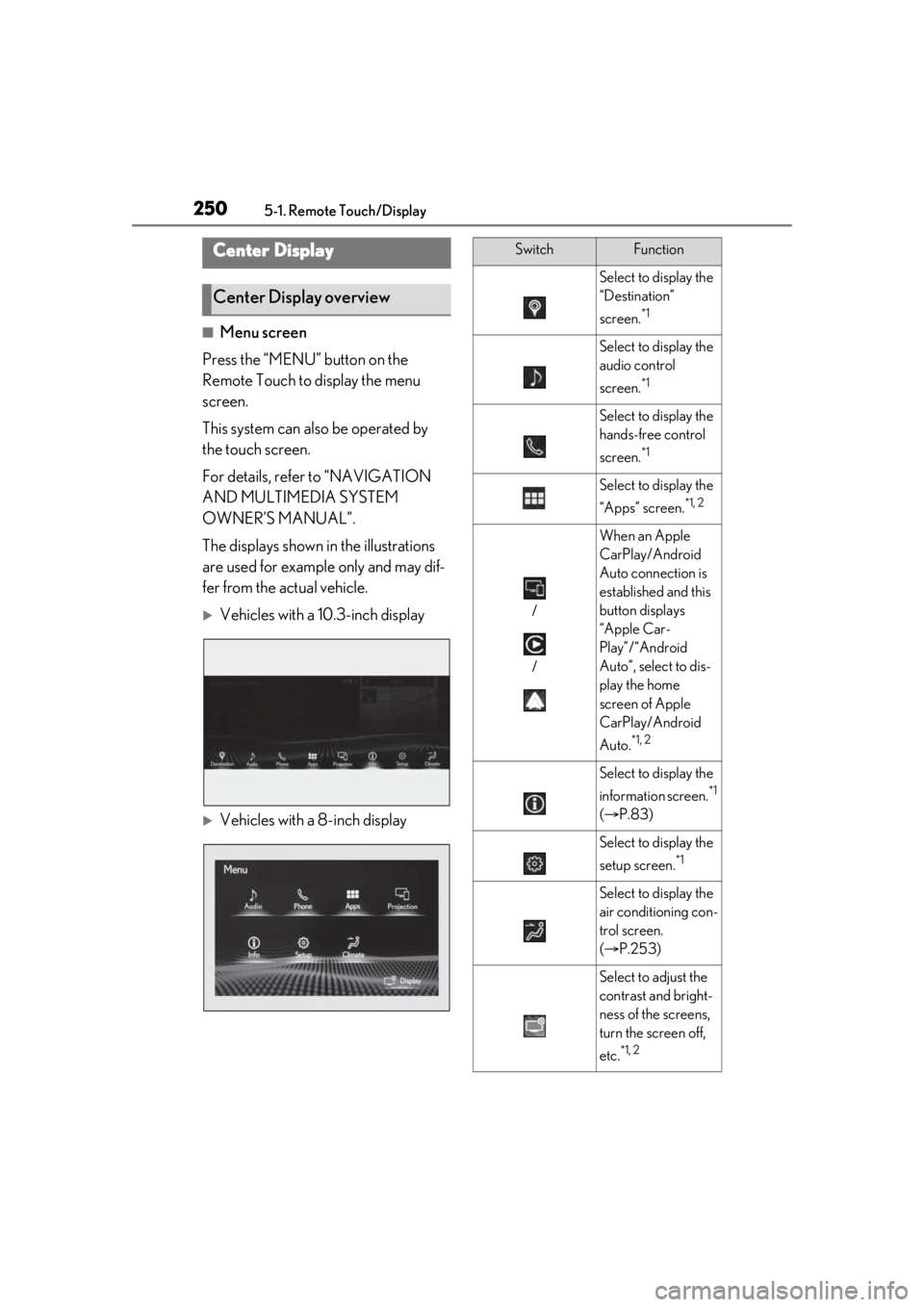 LEXUS IS300 2021 Owners Manual 2505-1. Remote Touch/Display
■Menu screen
Press the “MENU” button on the
Remote Touch to display the menu
screen.
This system can also be operated by
the touch screen.
For details, refer to LEXUS IS300 2021 Owners Manual 2505-1. Remote Touch/Display
■Menu screen
Press the “MENU” button on the
Remote Touch to display the menu
screen.
This system can also be operated by
the touch screen.
For details, refer to