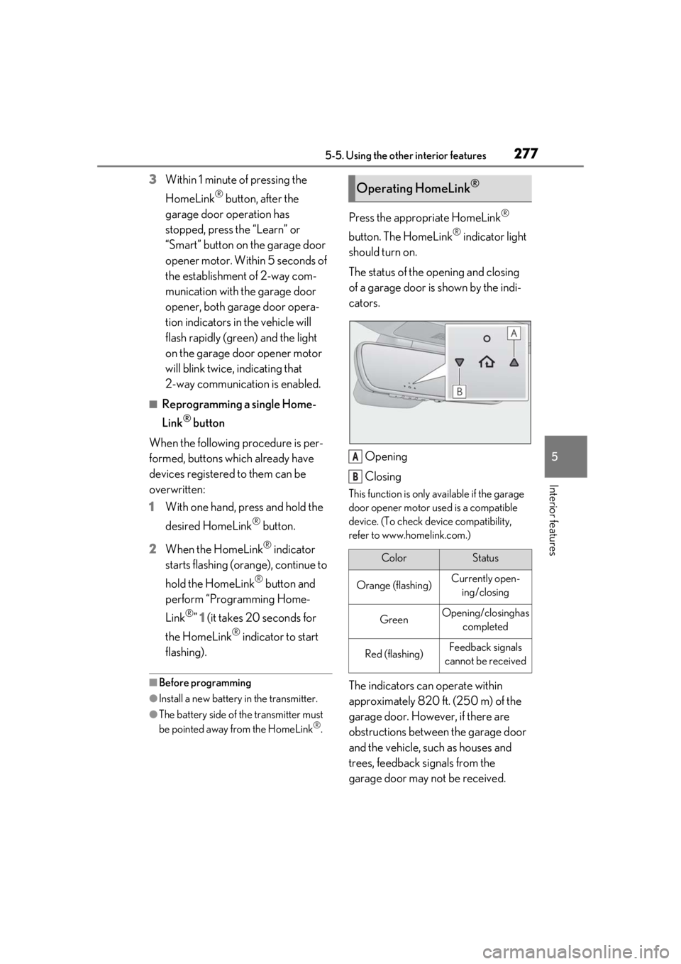 LEXUS IS300 2021  Owners Manual 2775-5. Using the other interior features
5
Interior features
3Within 1 minute of pressing the 
HomeLink
® button, after the 
garage door operation has 
stopped, press the “Learn” or 
“Smart”