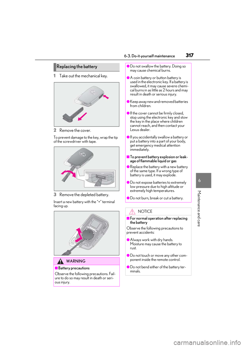 LEXUS IS300 2021 Owners Guide 3176-3. Do-it-yourself maintenance
6
Maintenance and care
1Take out the mechanical key.
2 Remove the cover.
To prevent damage to the key, wrap the tip
of the screwdriver with tape.
3Remove the deplet LEXUS IS300 2021 Owners Guide 3176-3. Do-it-yourself maintenance
6
Maintenance and care
1Take out the mechanical key.
2 Remove the cover.
To prevent damage to the key, wrap the tip
of the screwdriver with tape.
3Remove the deplet