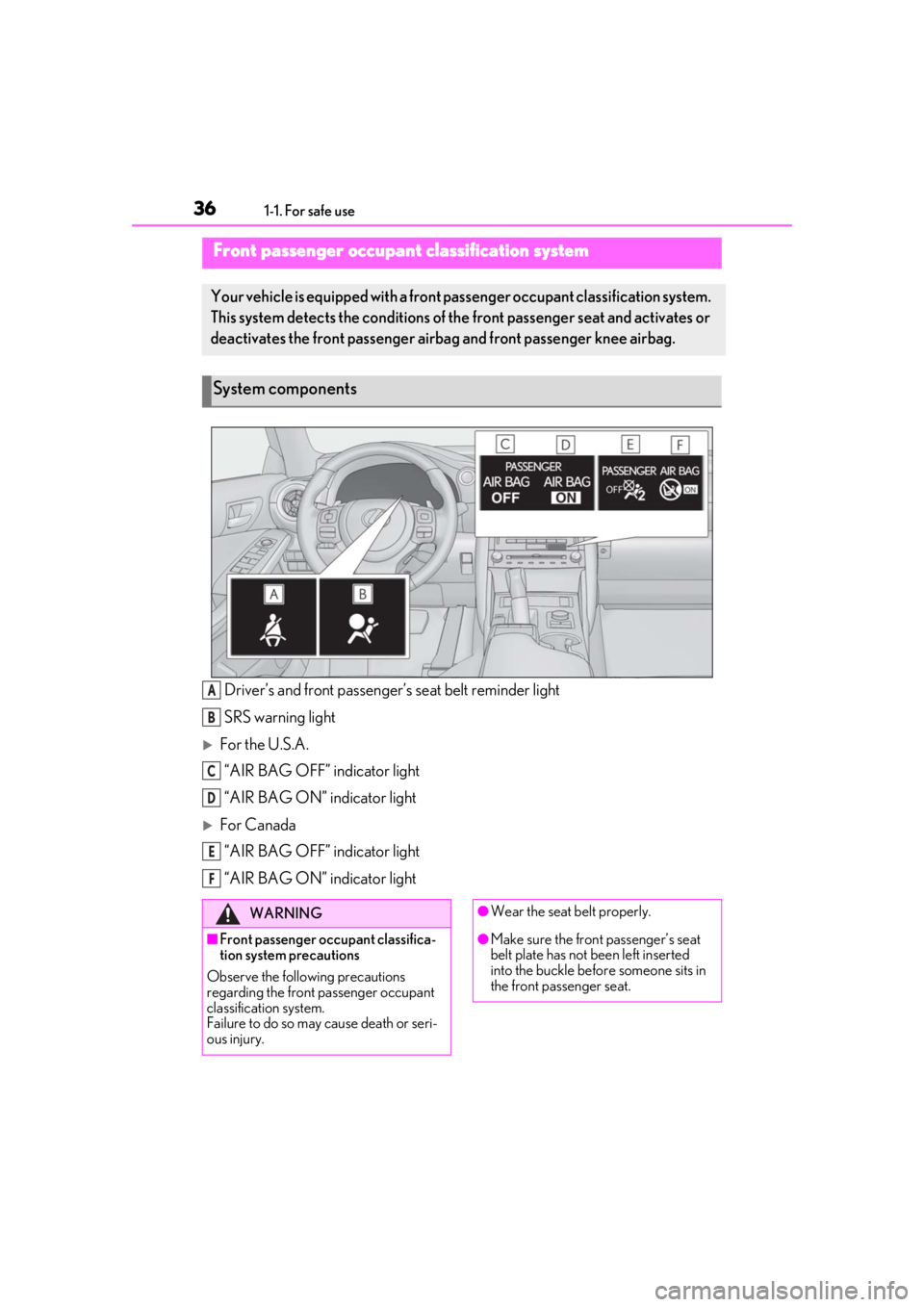 LEXUS IS300 2021  Owners Manual 361-1. For safe use
Driver’s and front passenger’s seat belt reminder light
SRS warning light
For the U.S.A. “AIR BAG OFF” indicator light
“AIR BAG ON” indicator light
For Canada“A