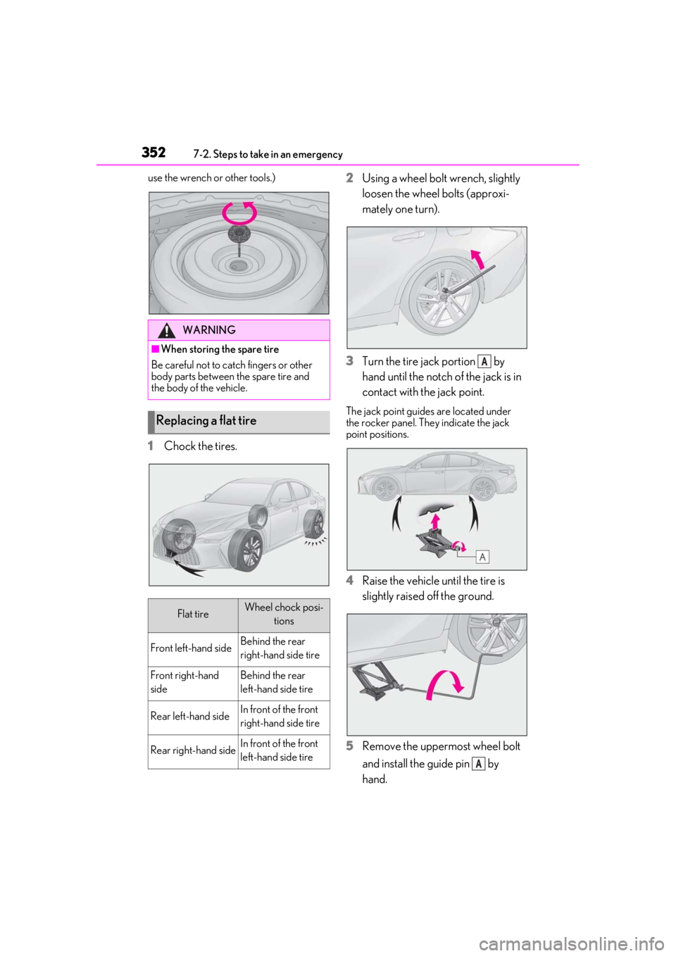 LEXUS IS300 2021  Owners Manual 3527-2. Steps to take in an emergency
use the wrench or other tools.)
1Chock the tires. 2
Using a wheel bolt wrench, slightly 
loosen the wheel bolts (approxi-
mately one turn).
3 Turn the tire jack p