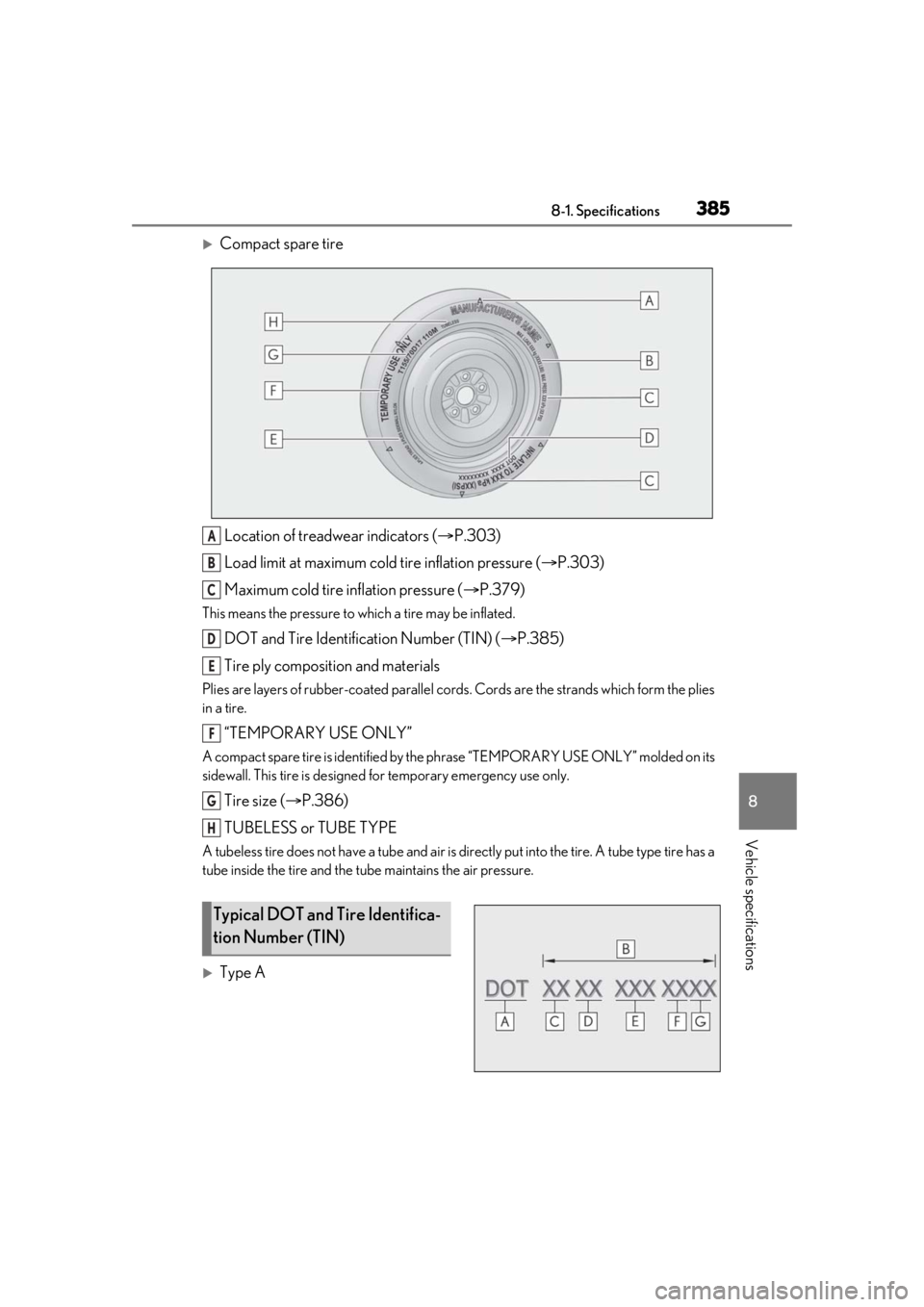 LEXUS IS300 2021  Owners Manual 3858-1. Specifications
8
Vehicle specifications
Compact spare tireLocation of treadwear indicators ( P.303)
Load limit at maximum cold tire inflation pressure ( P.303)
Maximum cold tire infla