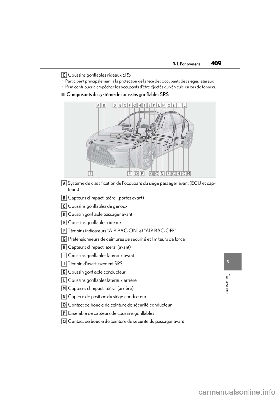 LEXUS IS300 2021 Owners Manual 4099-1. For owners
9
For owners
Coussins gonflables rideaux SRS
• Participent principalement à la protection de la tête des occupants des sièges latéraux
• Peut contribuer à empêcher les occ LEXUS IS300 2021 Owners Manual 4099-1. For owners
9
For owners
Coussins gonflables rideaux SRS
• Participent principalement à la protection de la tête des occupants des sièges latéraux
• Peut contribuer à empêcher les occ