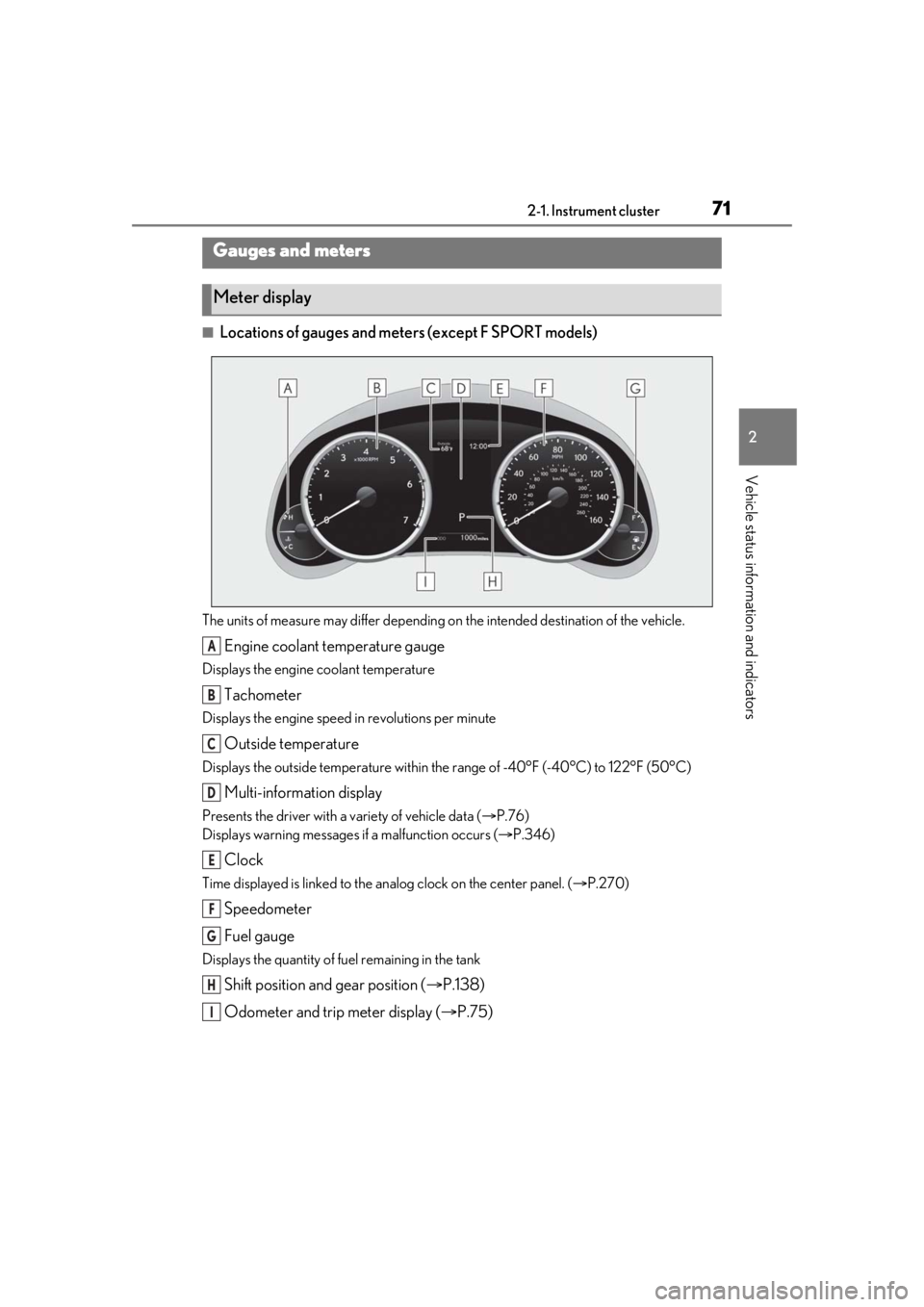 LEXUS IS300 2021 Owners Manual 712-1. Instrument cluster
2
Vehicle status information and indicators
■Locations of gauges and meters (except F SPORT models)
The units of measure may differ depending on the intended destination of LEXUS IS300 2021 Owners Manual 712-1. Instrument cluster
2
Vehicle status information and indicators
■Locations of gauges and meters (except F SPORT models)
The units of measure may differ depending on the intended destination of
