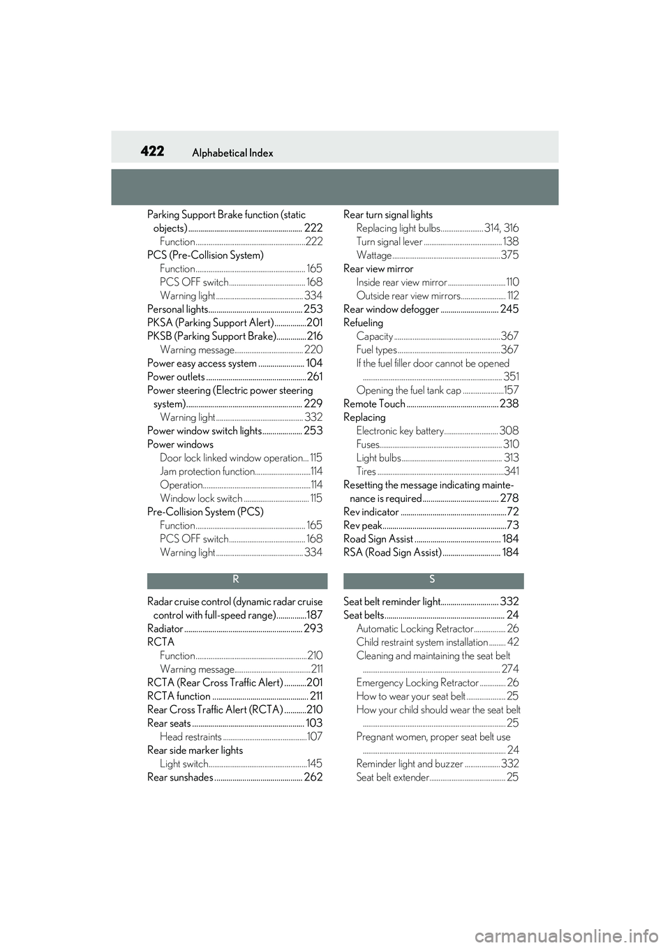 LEXUS IS300 2022  Owners Manual 422Alphabetical Index
Parking Support Brake function (static objects) ......................................................... 222 Function ...........................................................