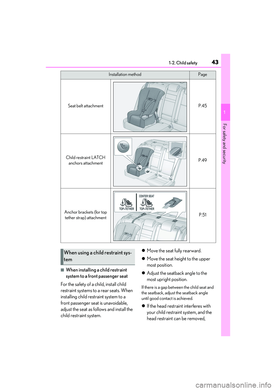 LEXUS IS300 2022 Service Manual 431-2. Child safety
1
For safety and security
■When installing a child restraint
system to a front passenger seat
For the safety of a child, install child
restraint systems to a rear seats. When
LEXUS IS300 2022 Service Manual 431-2. Child safety
1
For safety and security
■When installing a child restraint
system to a front passenger seat
For the safety of a child, install child
restraint systems to a rear seats. When