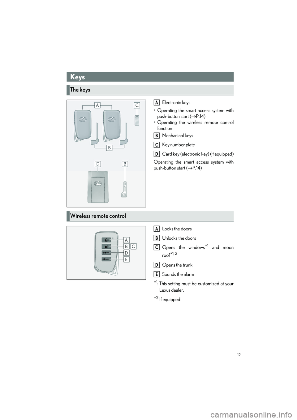 LEXUS IS300 2023 Owners Manual 12
IS500_IS350_IS300_QG_U
Electronic keys
• Operating the smart access system with push-button start ( P.14)
• Operating the wireless remote control function
Mechanical keys
Key number plate
C LEXUS IS300 2023 Owners Manual 12
IS500_IS350_IS300_QG_U
Electronic keys
• Operating the smart access system with push-button start ( P.14)
• Operating the wireless remote control function
Mechanical keys
Key number plate
C