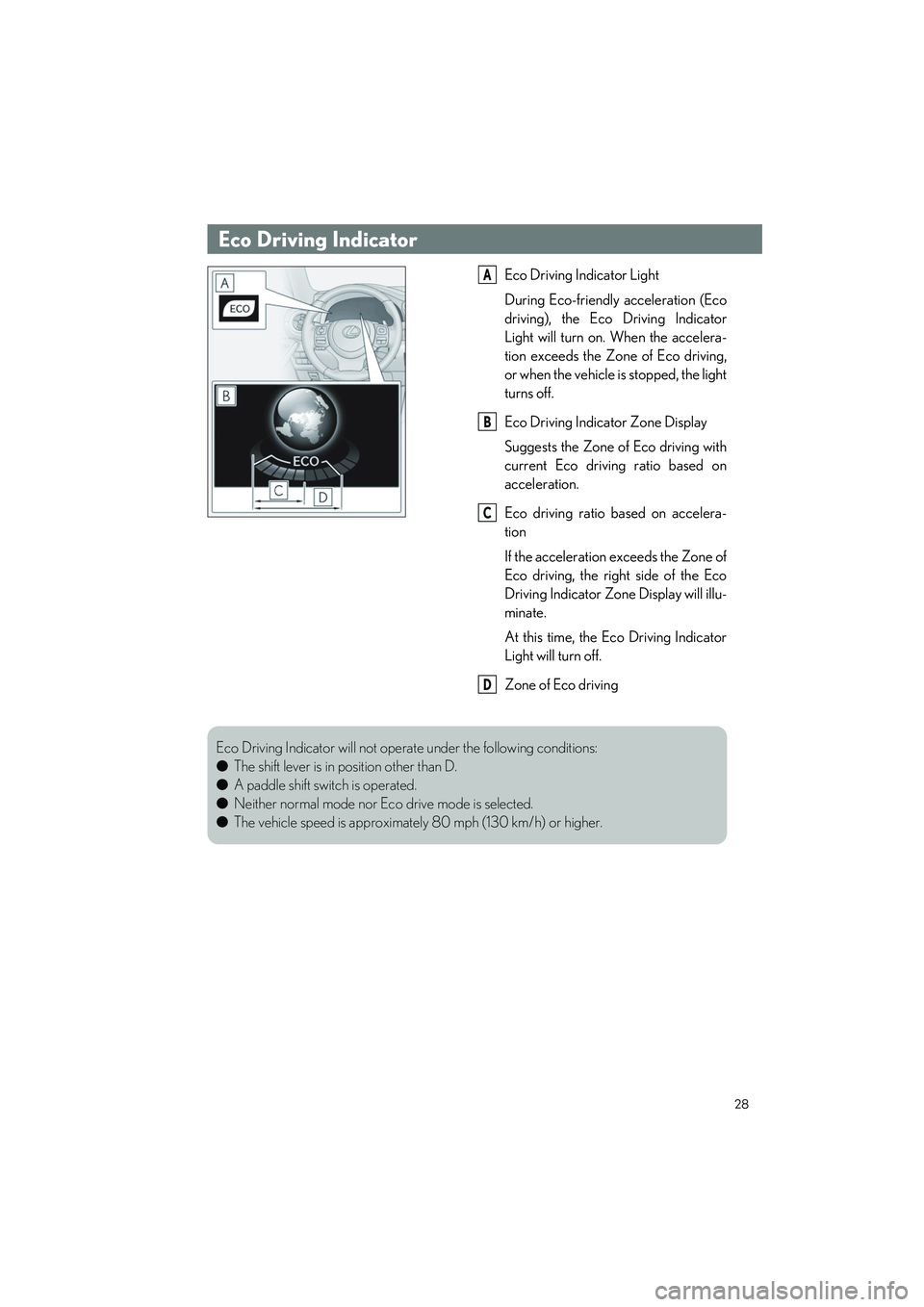 LEXUS IS300 2023 Owners Manual 28
IS500_IS350_IS300_QG_U
Eco Driving Indicator Light
During Eco-friendly acceleration (Eco
driving), the Eco Driving Indicator
Light will turn on. When the accelera-
tion exceeds the Zone of Eco dri LEXUS IS300 2023 Owners Manual 28
IS500_IS350_IS300_QG_U
Eco Driving Indicator Light
During Eco-friendly acceleration (Eco
driving), the Eco Driving Indicator
Light will turn on. When the accelera-
tion exceeds the Zone of Eco dri