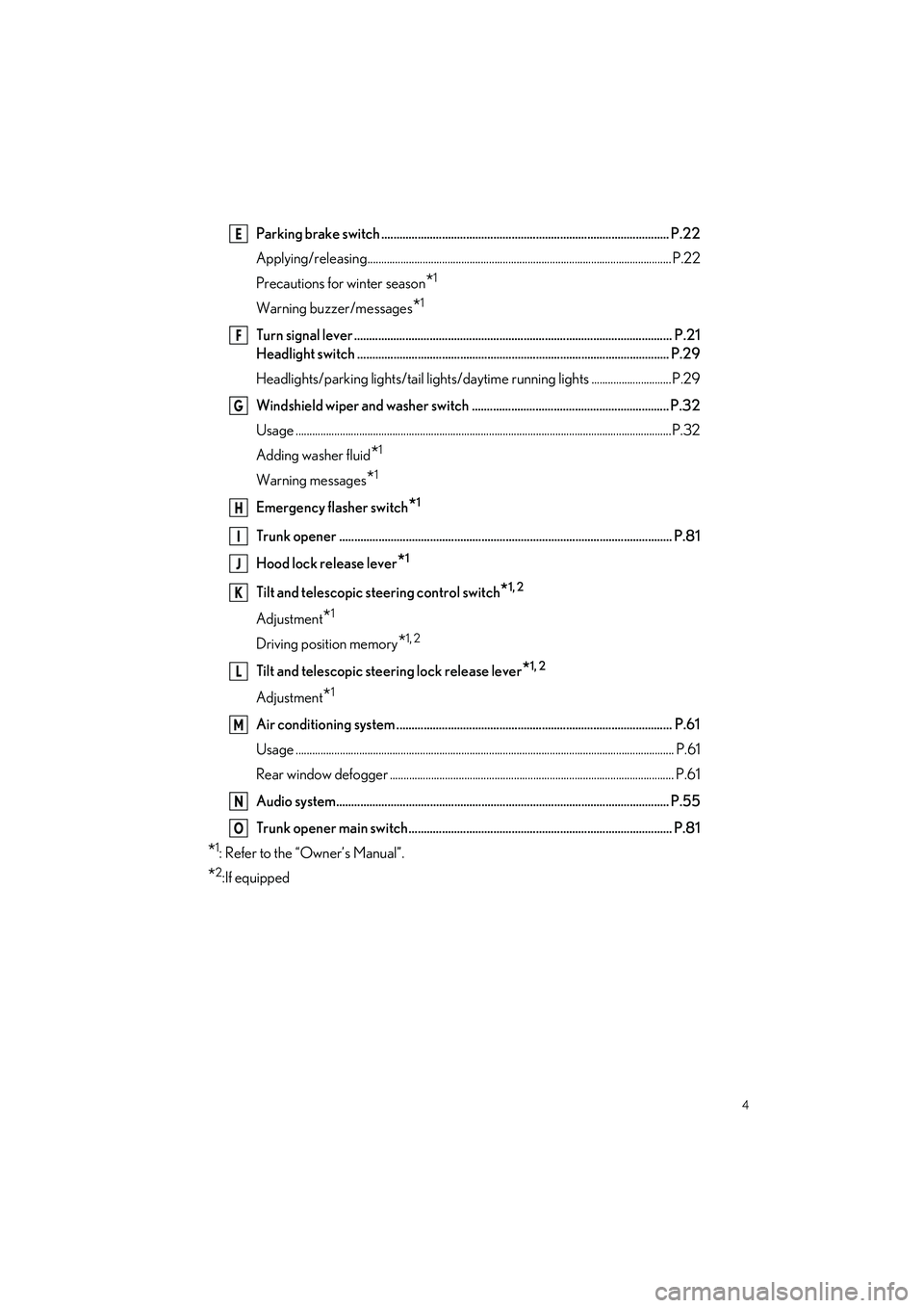 LEXUS IS300 2023  Owners Manual 4
IS500_IS350_IS300_QG_U
Parking brake switch ............................................................................................... P.22
Applying/releasing...................................