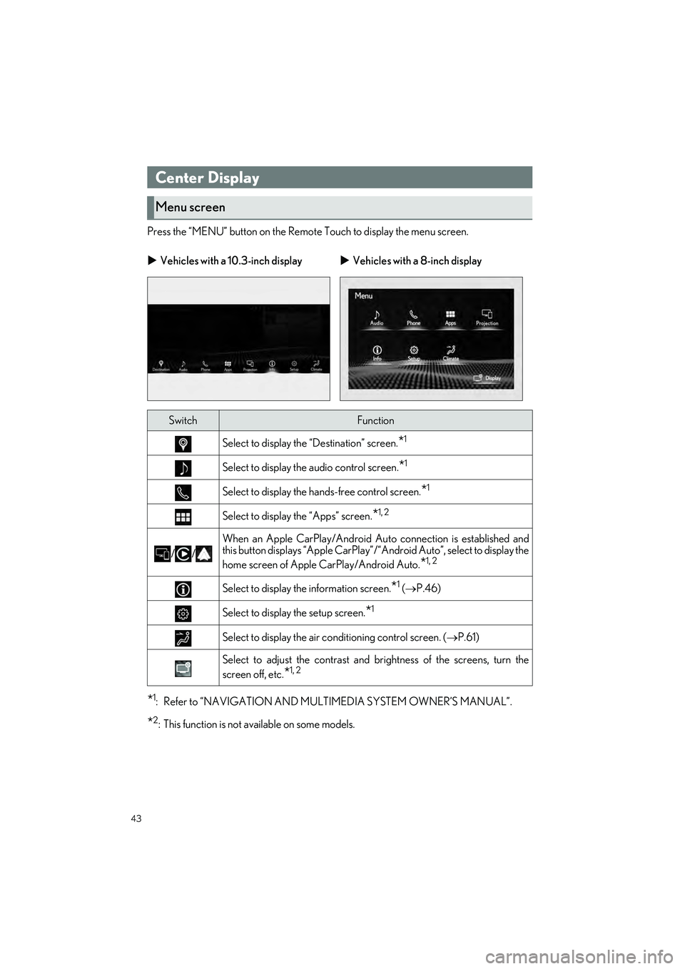 LEXUS IS300 2023 Owners Manual 43
IS500_IS350_IS300_QG_U
Press the “MENU” button on the Remote Touch to display the menu screen.
*1: Refer to “NAVIGATION AND MULTIMEDIA SYSTEM OWNER’S MANUAL”.
*2: This function is not ava LEXUS IS300 2023 Owners Manual 43
IS500_IS350_IS300_QG_U
Press the “MENU” button on the Remote Touch to display the menu screen.
*1: Refer to “NAVIGATION AND MULTIMEDIA SYSTEM OWNER’S MANUAL”.
*2: This function is not ava