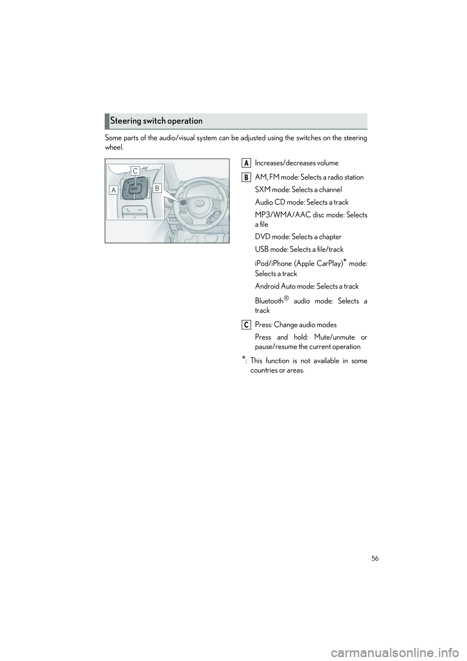 LEXUS IS300 2023 Owners Manual 56
IS500_IS350_IS300_QG_U
Some parts of the audio/visual system can be adjusted using the switches on the steering
wheel.
Increases/decreases volume
AM, FM mode: Selects a radio station
SXM mode: Sele LEXUS IS300 2023 Owners Manual 56
IS500_IS350_IS300_QG_U
Some parts of the audio/visual system can be adjusted using the switches on the steering
wheel.
Increases/decreases volume
AM, FM mode: Selects a radio station
SXM mode: Sele