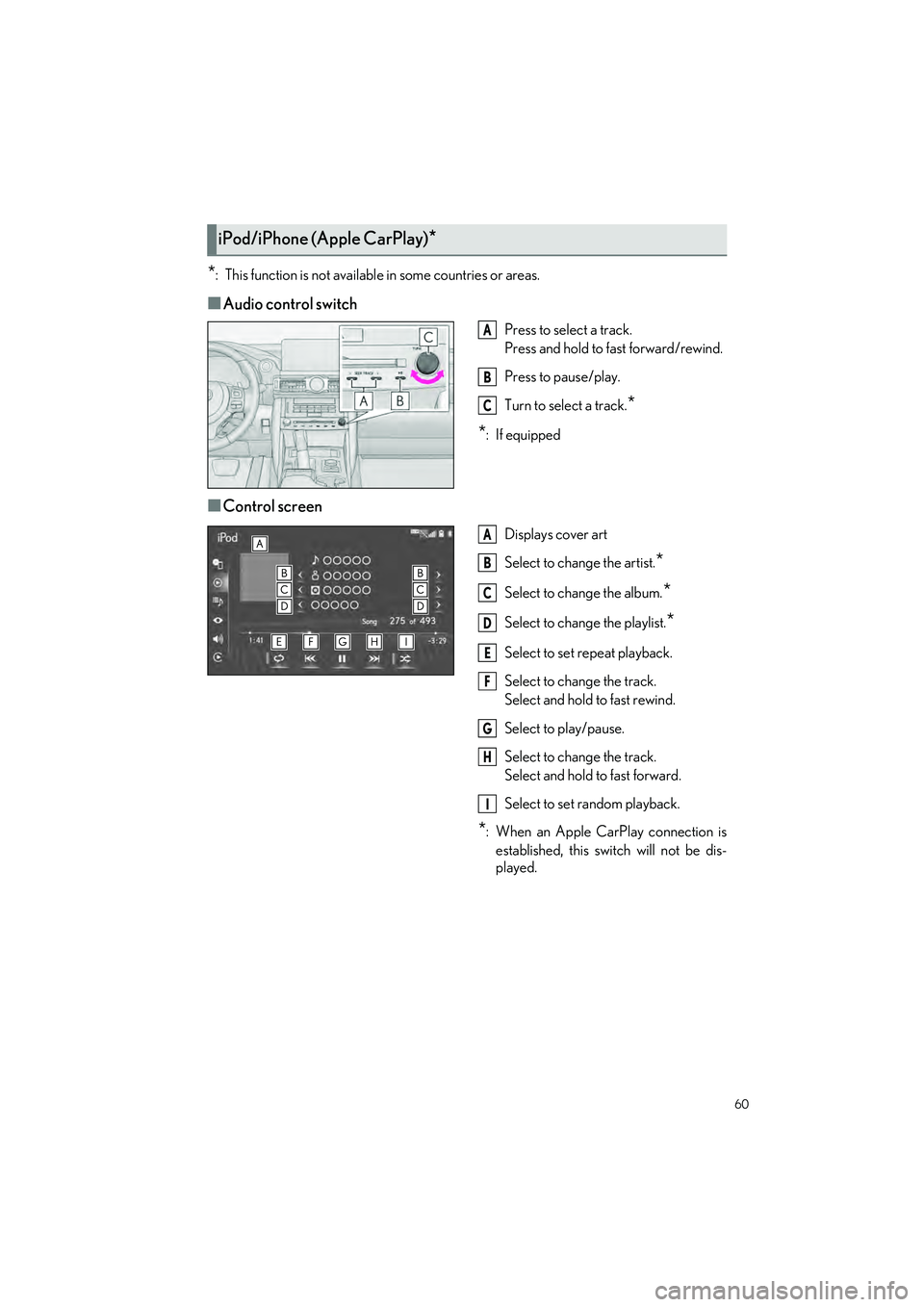 LEXUS IS300 2023 Owners Manual 60
IS500_IS350_IS300_QG_U
*: This function is not available in some countries or areas.
■Audio control switch
Press to select a track.
Press and hold to fast forward/rewind.
Press to pause/play.
Tur LEXUS IS300 2023 Owners Manual 60
IS500_IS350_IS300_QG_U
*: This function is not available in some countries or areas.
■Audio control switch
Press to select a track.
Press and hold to fast forward/rewind.
Press to pause/play.
Tur