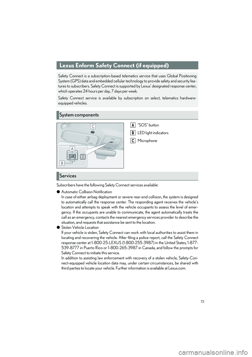LEXUS IS300 2023 Owners Manual 72
IS500_IS350_IS300_QG_U
“SOS” button
LED light indicators
Microphone
Subscribers have the following Safety Connect services available:
● Automatic Collision Notification
In case of either airb LEXUS IS300 2023 Owners Manual 72
IS500_IS350_IS300_QG_U
“SOS” button
LED light indicators
Microphone
Subscribers have the following Safety Connect services available:
● Automatic Collision Notification
In case of either airb