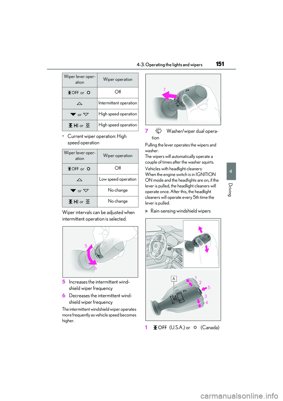 LEXUS IS350 2022 Manual PDF 1514-3. Operating the lights and wipers
4
Driving
• Current wiper operation: High speed operation
Wiper intervals can be adjusted when
intermittent operation is selected.
5 Increases the intermitte LEXUS IS350 2022 Manual PDF 1514-3. Operating the lights and wipers
4
Driving
• Current wiper operation: High speed operation
Wiper intervals can be adjusted when
intermittent operation is selected.
5 Increases the intermitte