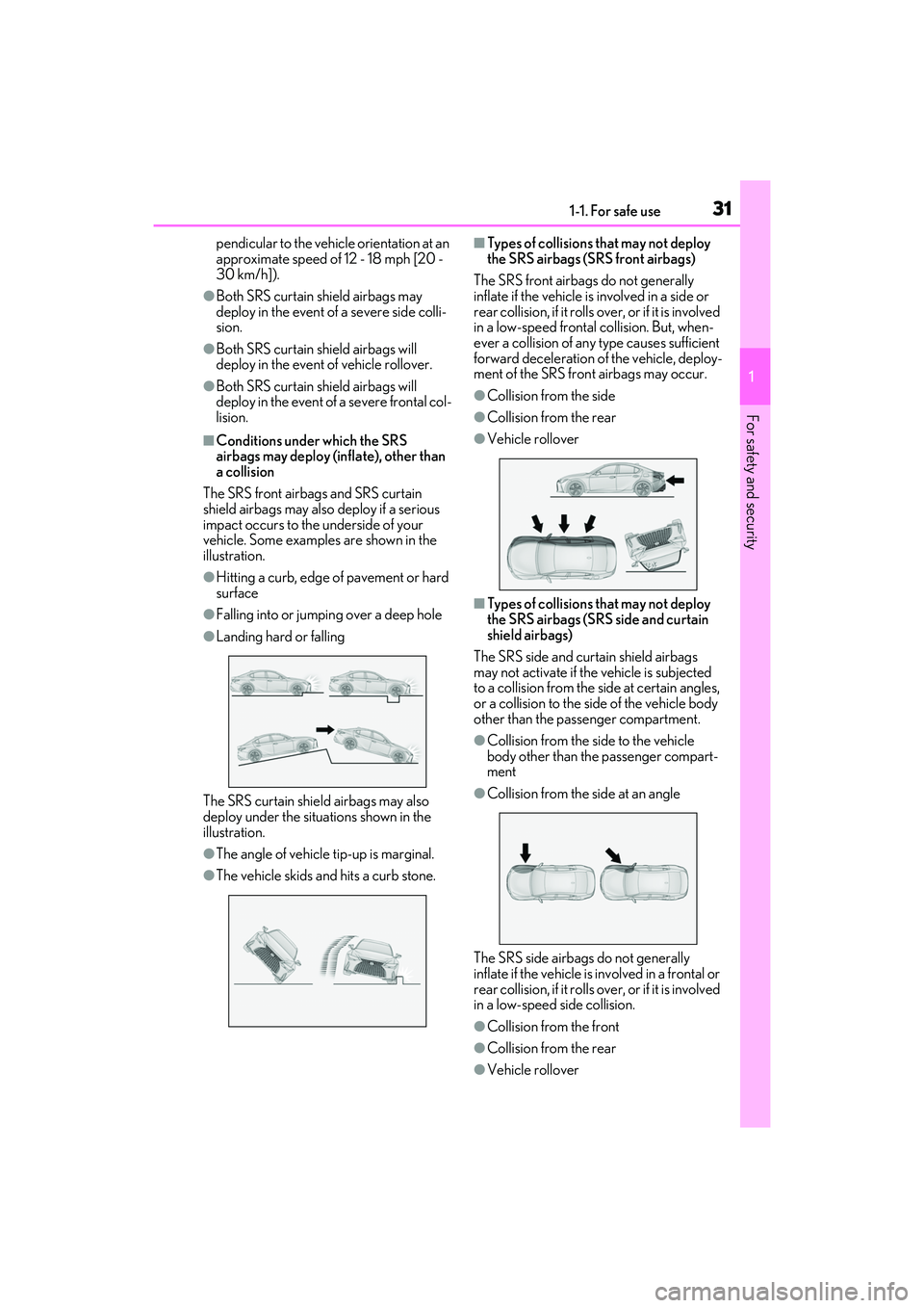 LEXUS IS350 2022 Owners Guide 311-1. For safe use
1
For safety and security
pendicular to the vehicle orientation at an 
approximate speed of 12 - 18 mph [20 - 
30 km/h]).
●Both SRS curtain shield airbags may 
deploy in the even