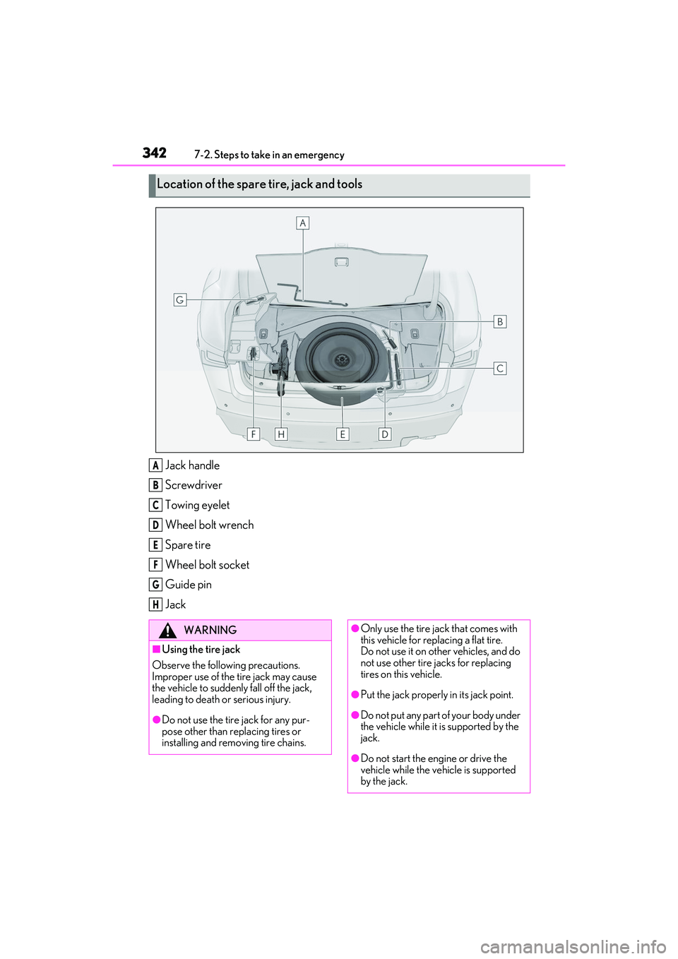 LEXUS IS350 2022 Owners Manual 3427-2. Steps to take in an emergency
Jack handle
Screwdriver
Towing eyelet
Wheel bolt wrench
Spare tire
Wheel bolt socket
Guide pin
Jack
Location of the spare tire, jack and tools
A
B
C
D
E
F
G
H
WAR LEXUS IS350 2022 Owners Manual 3427-2. Steps to take in an emergency
Jack handle
Screwdriver
Towing eyelet
Wheel bolt wrench
Spare tire
Wheel bolt socket
Guide pin
Jack
Location of the spare tire, jack and tools
A
B
C
D
E
F
G
H
WAR