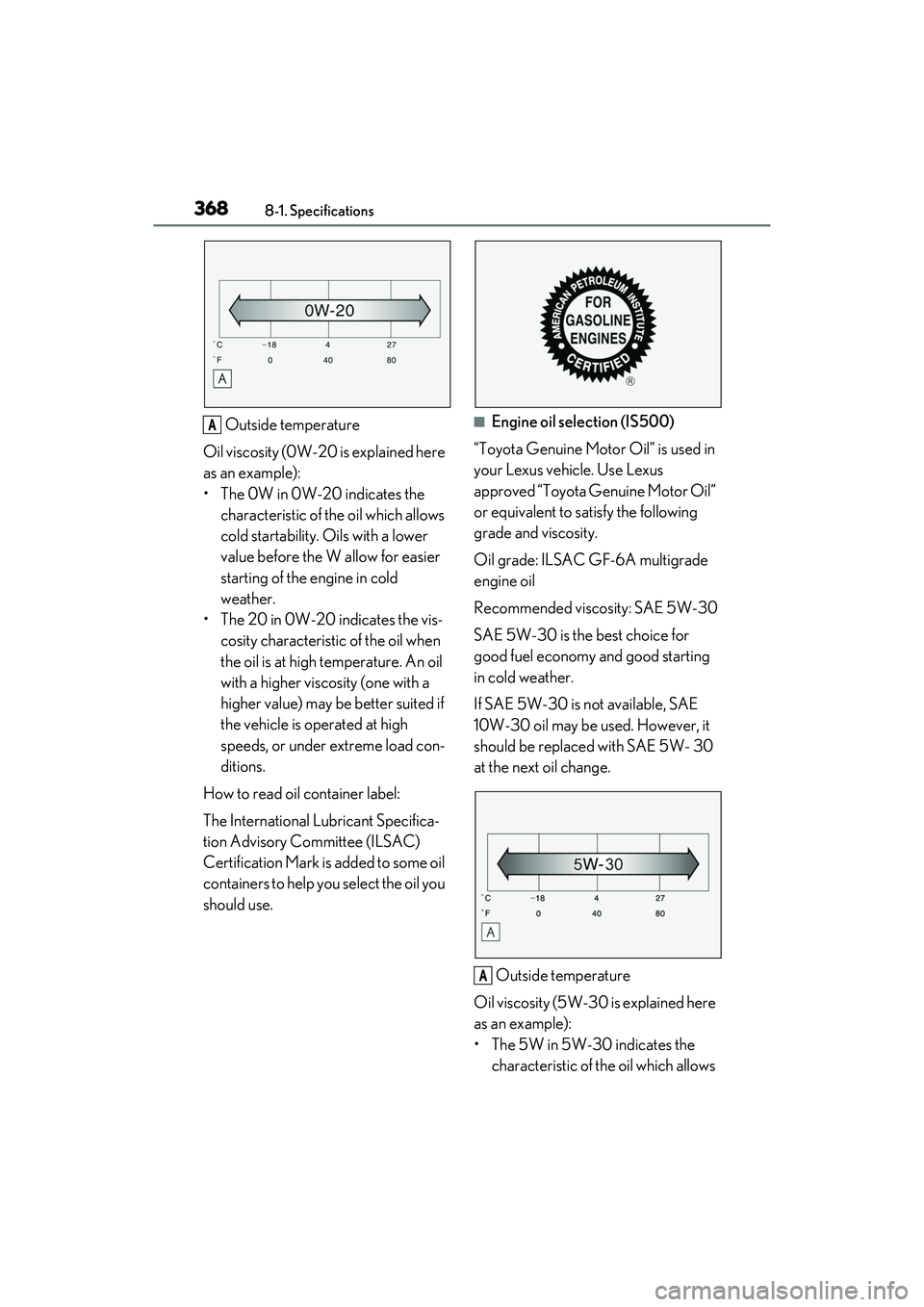 LEXUS IS350 2022 Owners Manual 3688-1. Specifications
Outside temperature
Oil viscosity (0W-20 is explained here
as an example):
• The 0W in 0W-20 indicates the characteristic of the oil which allows
cold startability. Oils wi LEXUS IS350 2022 Owners Manual 3688-1. Specifications
Outside temperature
Oil viscosity (0W-20 is explained here
as an example):
• The 0W in 0W-20 indicates the characteristic of the oil which allows
cold startability. Oils wi