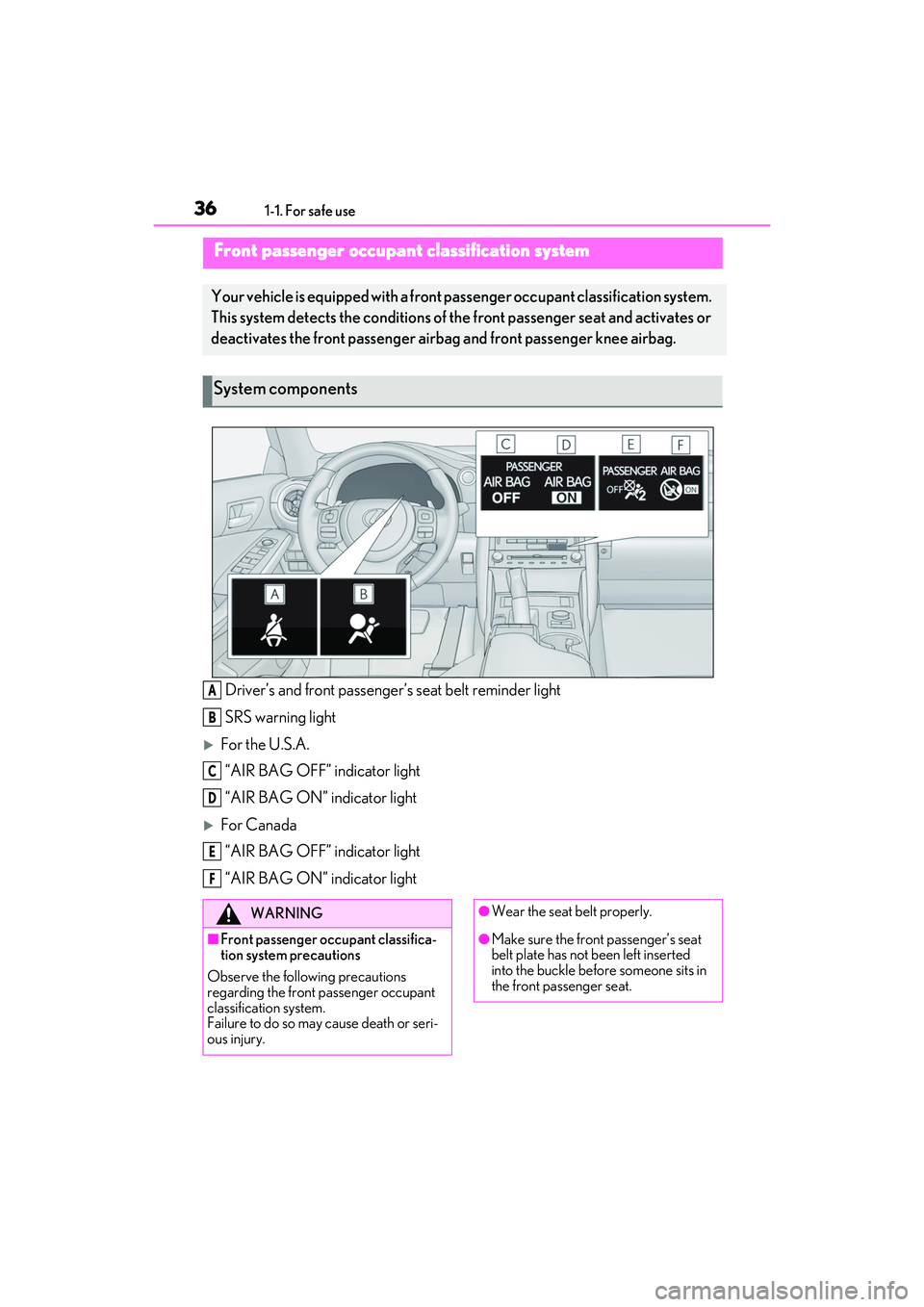 LEXUS IS350 2022 Owners Guide 361-1. For safe use
Driver’s and front passenger’s seat belt reminder light
SRS warning light
For the U.S.A. “AIR BAG OFF” indicator light
“AIR BAG ON” indicator light
For Canada“A LEXUS IS350 2022 Owners Guide 361-1. For safe use
Driver’s and front passenger’s seat belt reminder light
SRS warning light
For the U.S.A. “AIR BAG OFF” indicator light
“AIR BAG ON” indicator light
For Canada“A
