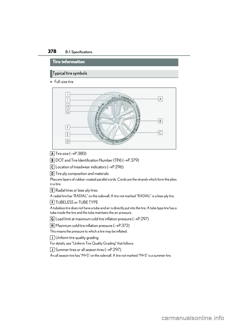 LEXUS IS350 2022  Owners Manual 3788-1. Specifications
Full-size tire
Tire size ( P.380)
DOT and Tire Identification Number (TIN) ( P.379)
Location of treadwear indicators ( P.296)
Tire ply composition and materials
Plie