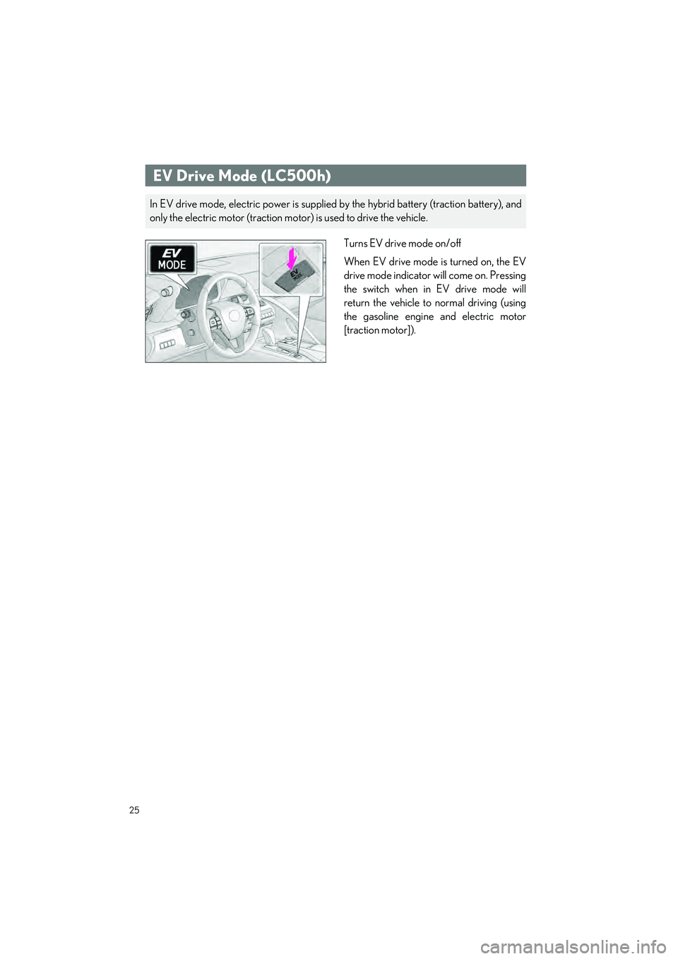 LEXUS LC500H 2023 User Guide 25
LC500_LC500h_QG_OM11688U_(U)
Turns EV drive mode on/off
When EV drive mode is turned on, the EV
drive mode indicator will come on. Pressing
the switch when in EV drive mode will
return the vehicle LEXUS LC500H 2023 User Guide 25
LC500_LC500h_QG_OM11688U_(U)
Turns EV drive mode on/off
When EV drive mode is turned on, the EV
drive mode indicator will come on. Pressing
the switch when in EV drive mode will
return the vehicle