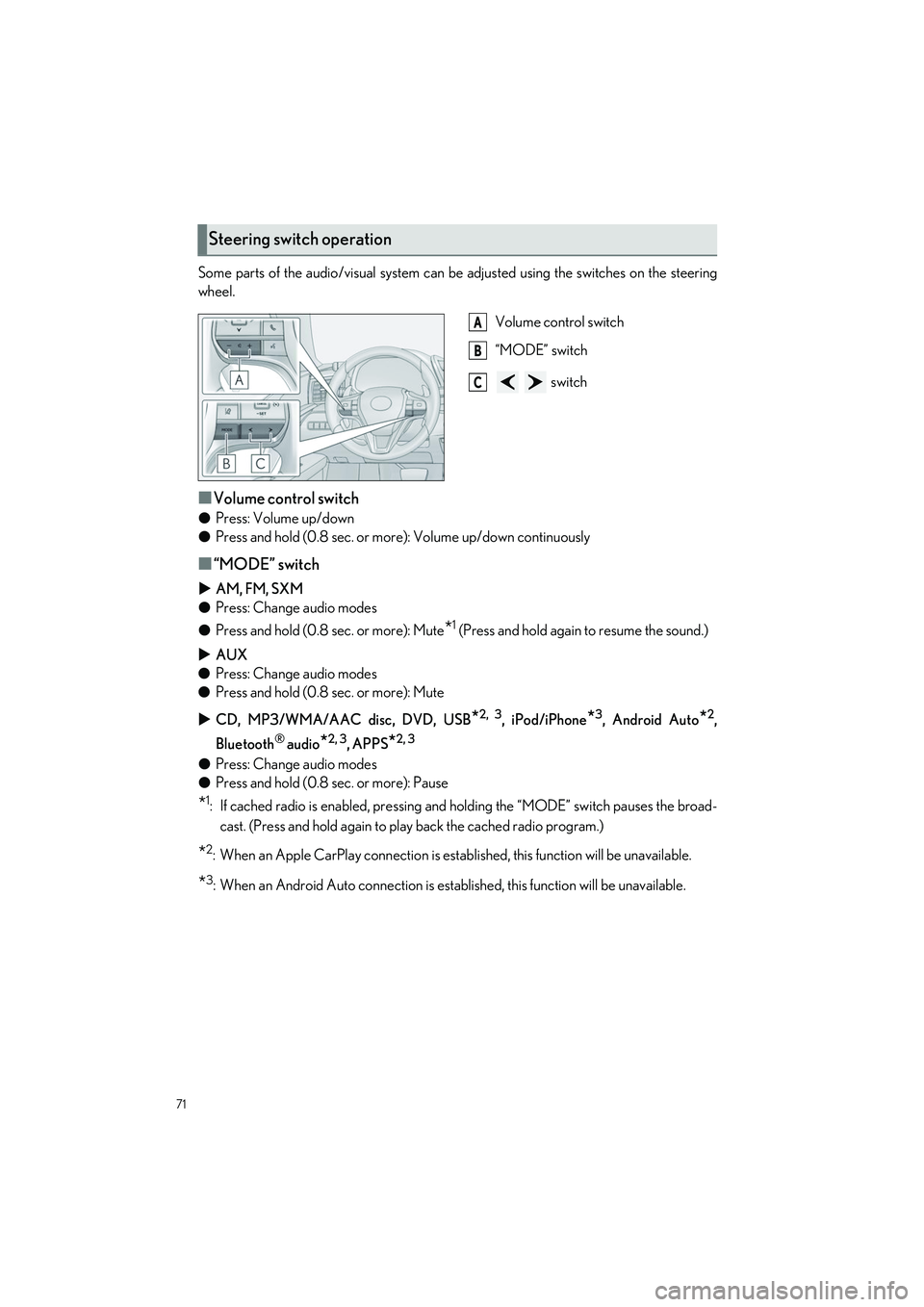 LEXUS LC500H 2023 Owners Manual 71
LC500_LC500h_QG_OM11688U_(U)
Some parts of the audio/visual system can be adjusted using the switches on the steering
wheel.
Volume control switch
“MODE” switch
switch
■Volume control switc LEXUS LC500H 2023 Owners Manual 71
LC500_LC500h_QG_OM11688U_(U)
Some parts of the audio/visual system can be adjusted using the switches on the steering
wheel.
Volume control switch
“MODE” switch
switch
■Volume control switc