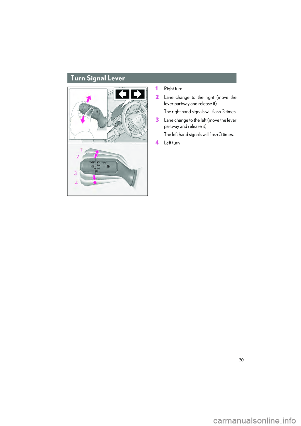 LEXUS LC500 2022 Owners Manual 30
LC500_LC500h_QG_OM11618U_(U)
1Right turn
2Lane change to the right (move the
lever partway and release it)
The right hand signals will flash 3 times.
3Lane change to the left (move the lever
partwa LEXUS LC500 2022 Owners Manual 30
LC500_LC500h_QG_OM11618U_(U)
1Right turn
2Lane change to the right (move the
lever partway and release it)
The right hand signals will flash 3 times.
3Lane change to the left (move the lever
partwa