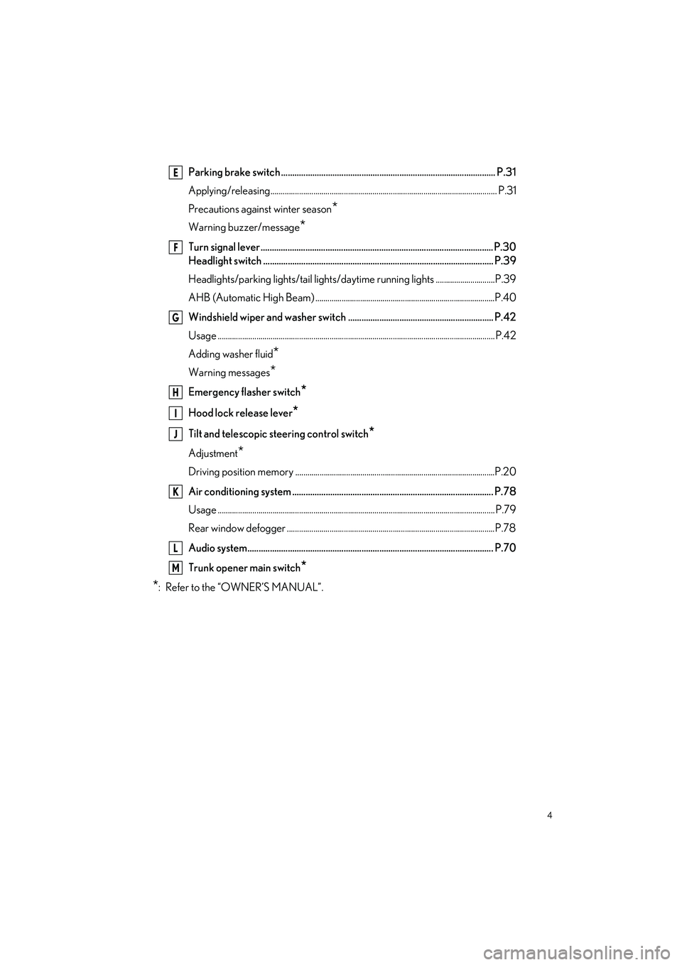 LEXUS LC500 2022 Owners Manual 4
LC500_LC500h_QG_OM11618U_(U)
Parking brake switch ................................................................................................ P.31
Applying/releasing............................ LEXUS LC500 2022 Owners Manual 4
LC500_LC500h_QG_OM11618U_(U)
Parking brake switch ................................................................................................ P.31
Applying/releasing............................