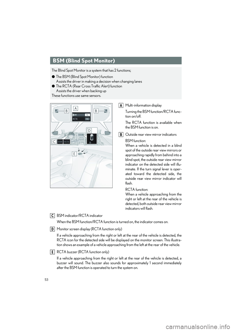 LEXUS LC500 2022 Owners Manual 53
LC500_LC500h_QG_OM11618U_(U)
Multi-information display
Turning the BSM function/RCTA func-
tion on/off.
The RCTA function is available when
the BSM function is on.
Outside rear view mirror indicato LEXUS LC500 2022 Owners Manual 53
LC500_LC500h_QG_OM11618U_(U)
Multi-information display
Turning the BSM function/RCTA func-
tion on/off.
The RCTA function is available when
the BSM function is on.
Outside rear view mirror indicato