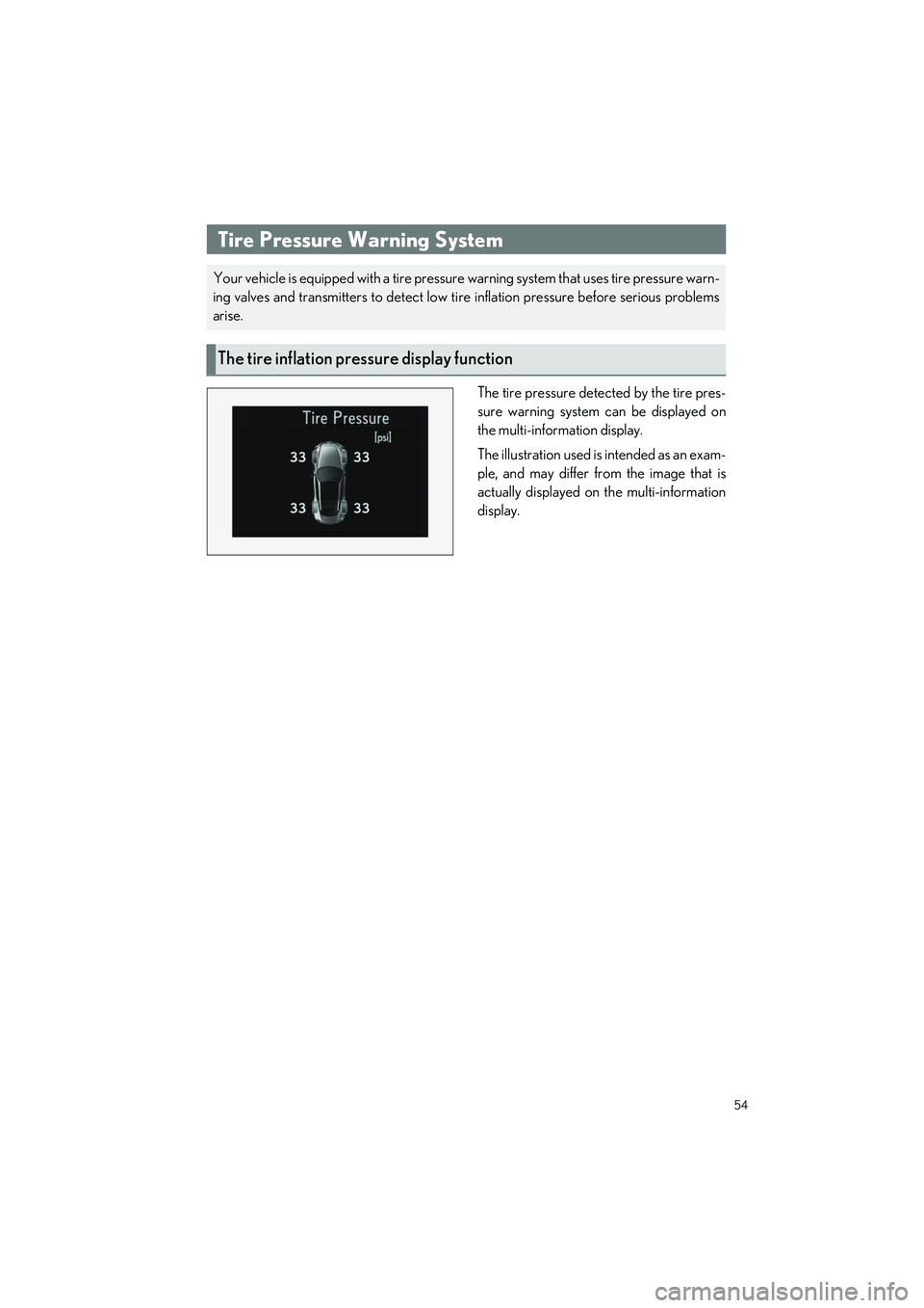 LEXUS LC500 2022 Owners Manual 54
LC500_LC500h_QG_OM11618U_(U)
The tire pressure detected by the tire pres-
sure warning system can be displayed on
the multi-information display.
The illustration used is intended as an exam-
ple, a