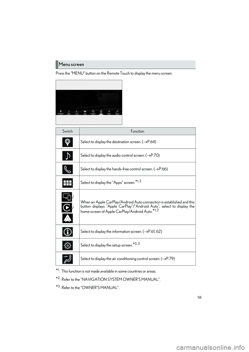 LEXUS LC500 2022 Owners Manual 58
LC500_LC500h_QG_OM11618U_(U)
Press the “MENU” button on the Remote Touch to display the menu screen.
*1: This function is not made available in some countries or areas.
*2: Refer to the “NAVI LEXUS LC500 2022 Owners Manual 58
LC500_LC500h_QG_OM11618U_(U)
Press the “MENU” button on the Remote Touch to display the menu screen.
*1: This function is not made available in some countries or areas.
*2: Refer to the “NAVI