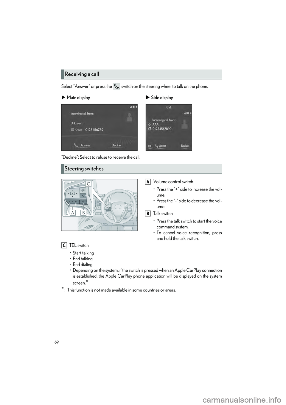 LEXUS LC500 2022 Owners Guide 69
LC500_LC500h_QG_OM11618U_(U)
Select “Answer” or press the switch on the steering wheel to talk on the phone.
“Decline”: Select to refuse to receive the call.Volume control switch
• Pres LEXUS LC500 2022 Owners Guide 69
LC500_LC500h_QG_OM11618U_(U)
Select “Answer” or press the switch on the steering wheel to talk on the phone.
“Decline”: Select to refuse to receive the call.Volume control switch
• Pres