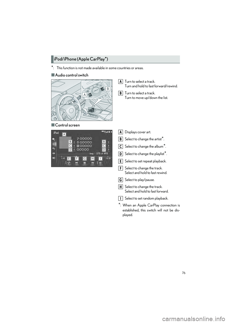 LEXUS LC500 2022 Service Manual 76
LC500_LC500h_QG_OM11618U_(U)
*: This function is not made available in some countries or areas.
■Audio control switch
Turn to select a track.
Turn and hold to fast forward/rewind.
Turn to select LEXUS LC500 2022 Service Manual 76
LC500_LC500h_QG_OM11618U_(U)
*: This function is not made available in some countries or areas.
■Audio control switch
Turn to select a track.
Turn and hold to fast forward/rewind.
Turn to select