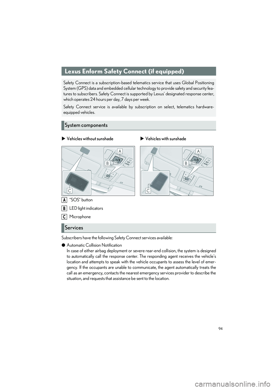 LEXUS LC500 2022 Owners Manual 94
LC500_LC500h_QG_OM11618U_(U)
“SOS” button
LED light indicators
Microphone
Subscribers have the following Sa fety Connect services available:
● Automatic Collision Notification
In case of eith LEXUS LC500 2022 Owners Manual 94
LC500_LC500h_QG_OM11618U_(U)
“SOS” button
LED light indicators
Microphone
Subscribers have the following Sa fety Connect services available:
● Automatic Collision Notification
In case of eith