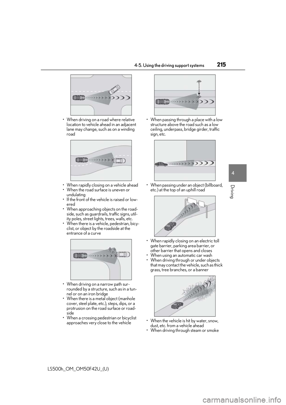 LEXUS LS500H 2018 Owners Manual 2154-5. Using the driving support systems
LS500h_OM_OM50F42U_(U) 4
Driving • When driving on a road where relative
location to vehicle ahead in an adjacent
lane may change, such as on a winding
r LEXUS LS500H 2018 Owners Manual 2154-5. Using the driving support systems
LS500h_OM_OM50F42U_(U) 4
Driving • When driving on a road where relative
location to vehicle ahead in an adjacent
lane may change, such as on a winding
r
