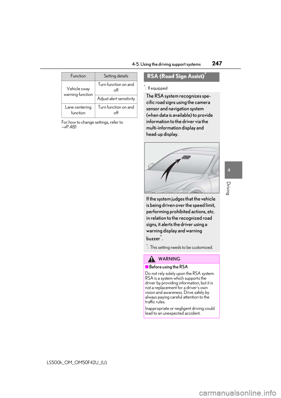 LEXUS LS500H 2018 Owners Manual 2474-5. Using the driving support systems
LS500h_OM_OM50F42U_(U) 4
Driving For how to change settings, refer to
→ P.481 *
: If equipped
Vehicle sway
warning function Turn function on and
off
Adju LEXUS LS500H 2018 Owners Manual 2474-5. Using the driving support systems
LS500h_OM_OM50F42U_(U) 4
Driving For how to change settings, refer to
→ P.481 *
: If equipped
Vehicle sway
warning function Turn function on and
off
Adju