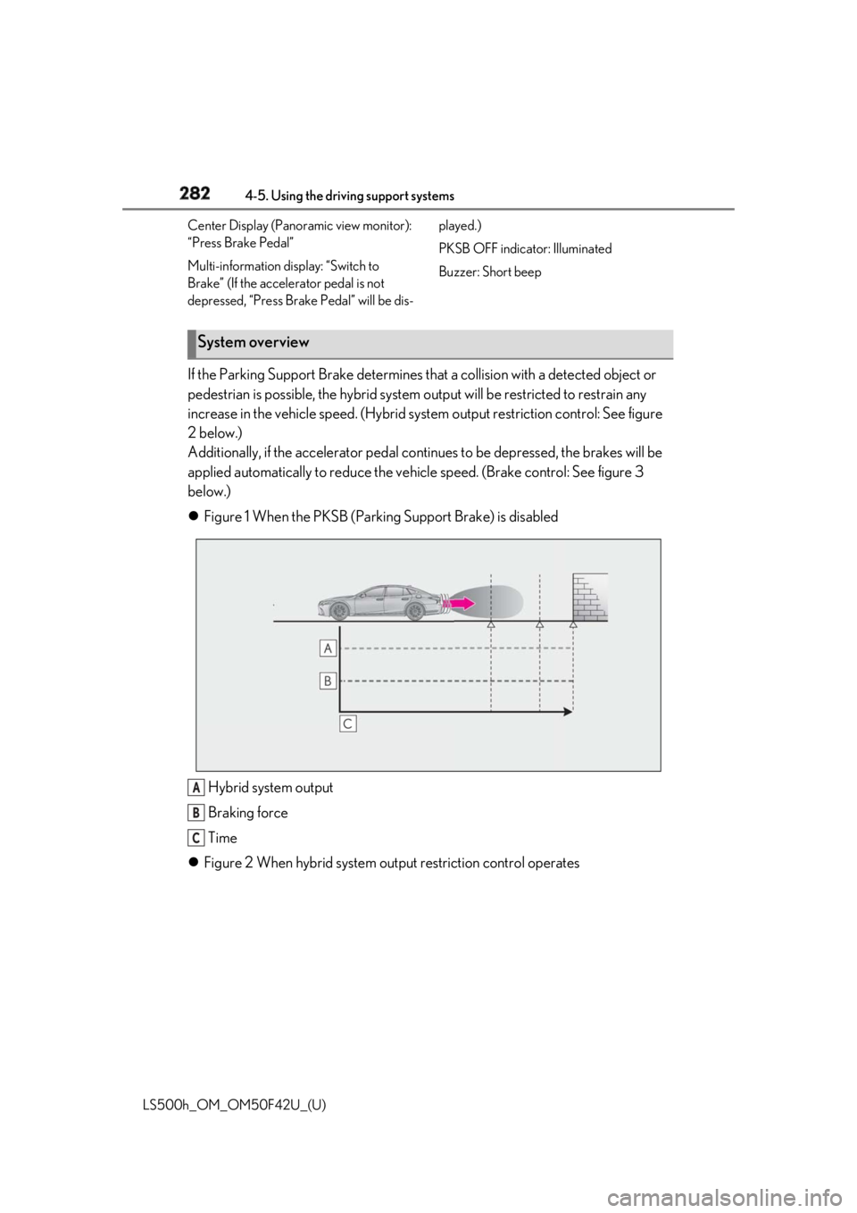 LEXUS LS500H 2018 Owners Manual 282 4-5. Using the driving support systems
LS500h_OM_OM50F42U_(U) Center Display (Panoramic view monitor):
“Press Brake Pedal”
Multi-information display: “Switch to
Brake” (If the accelerato LEXUS LS500H 2018 Owners Manual 282 4-5. Using the driving support systems
LS500h_OM_OM50F42U_(U) Center Display (Panoramic view monitor):
“Press Brake Pedal”
Multi-information display: “Switch to
Brake” (If the accelerato